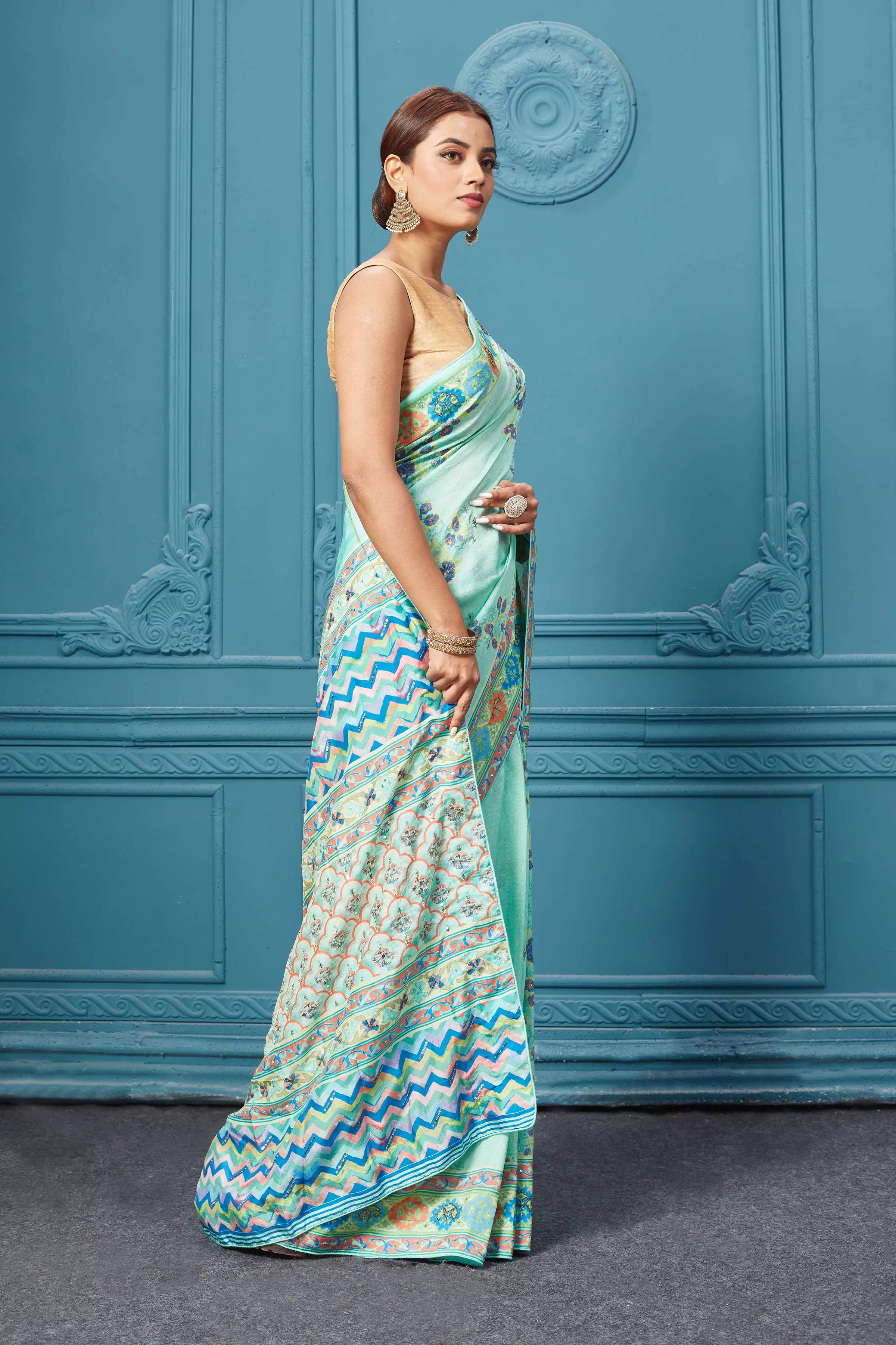 91A102 Blue Embroidered Mulberry Silk Saree Set