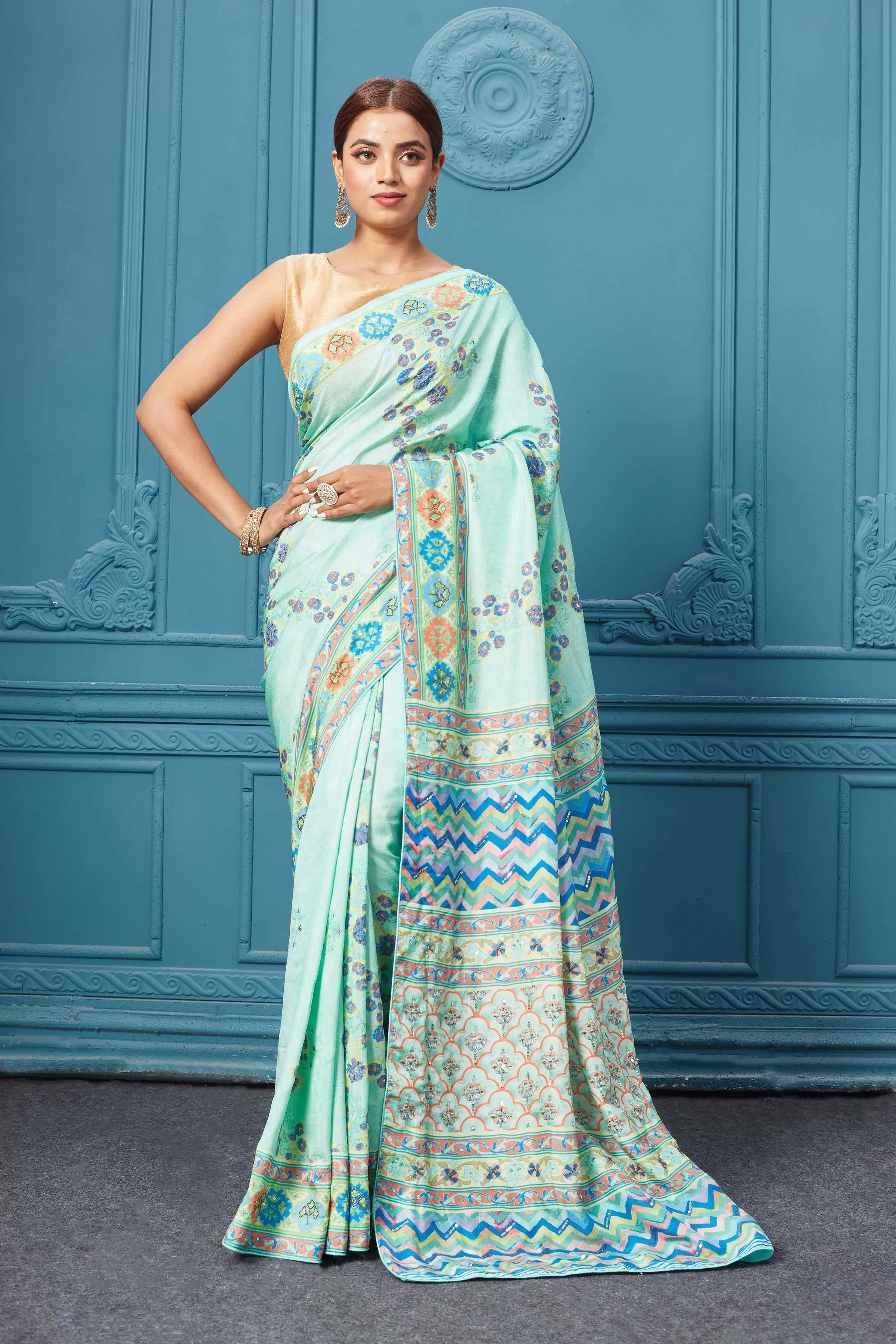 91A102 Blue Embroidered Mulberry Silk Saree Set