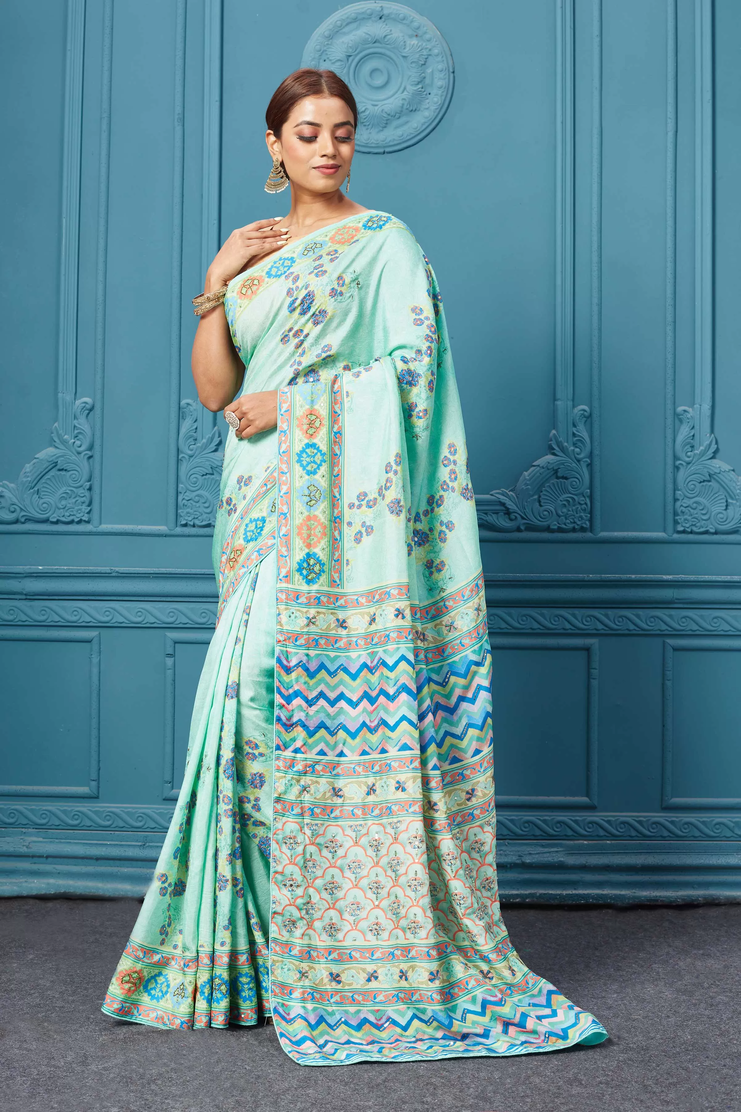 91A102 Blue Embroidered Mulberry Silk Saree Set