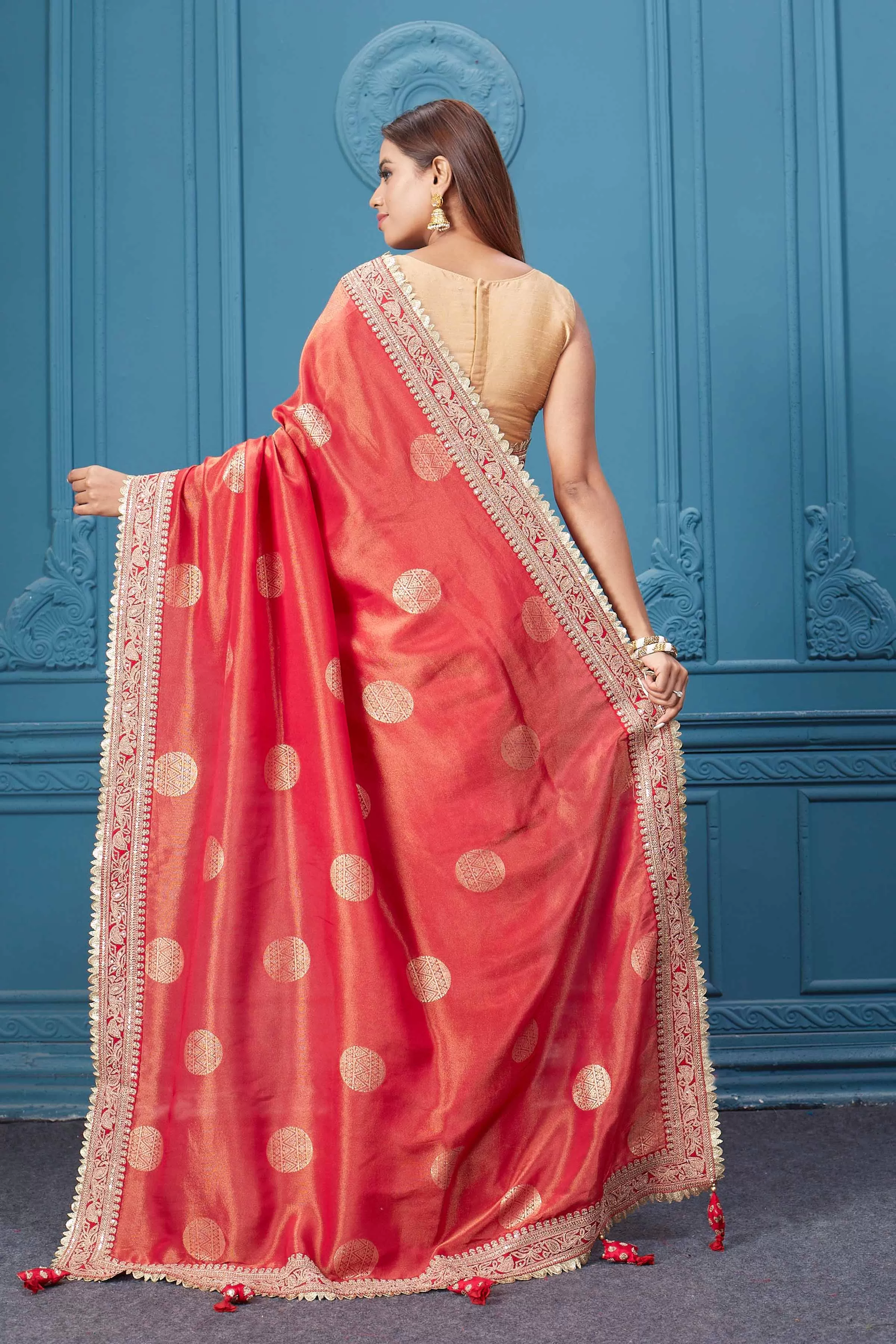 91A119 Red Georgette Saree with Embroidered Border