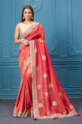 91A119 Red Georgette Saree with Embroidered Border