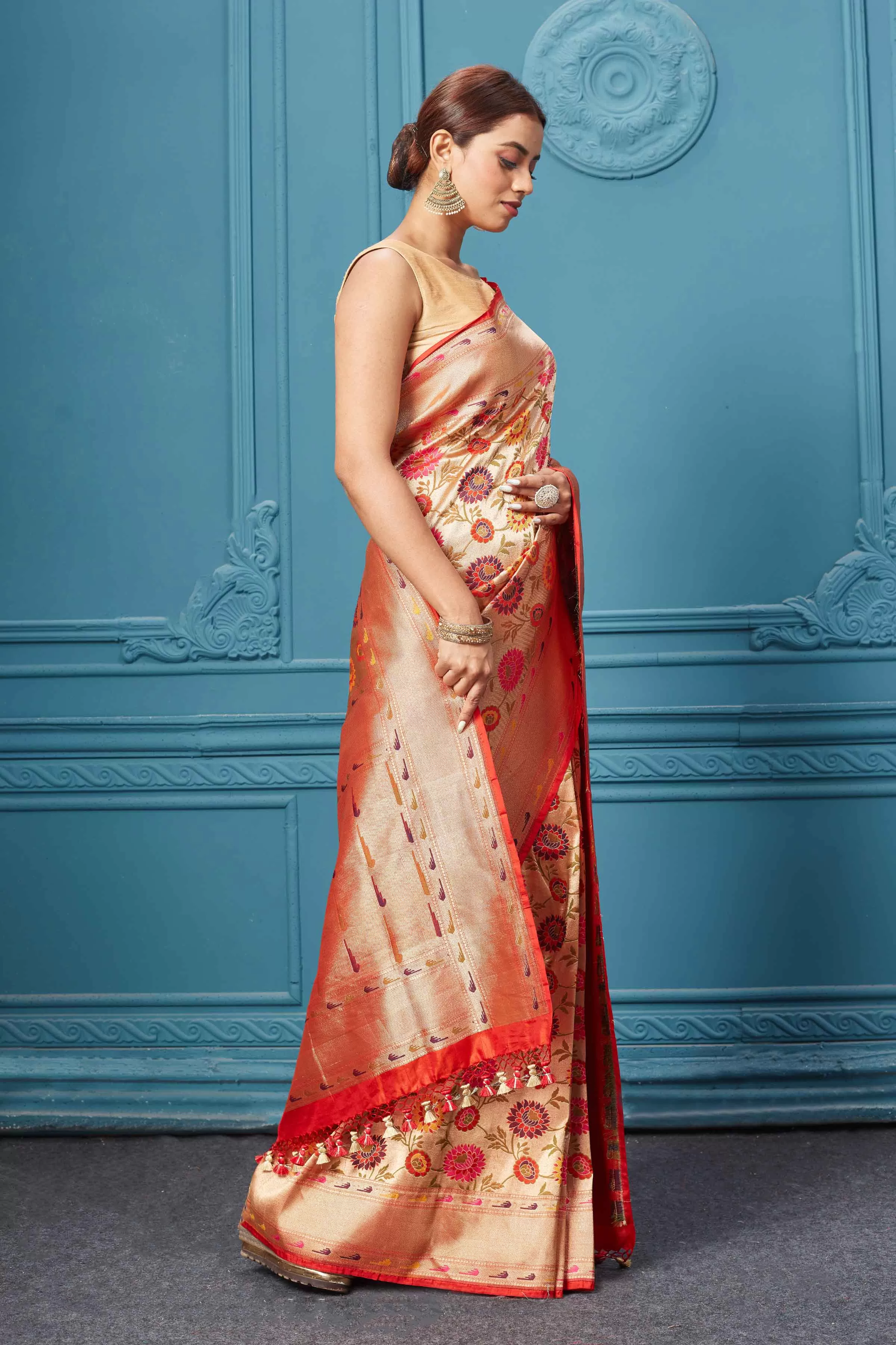 91A127 Golden Katan Silk Paithani Saree with Floral Jaal