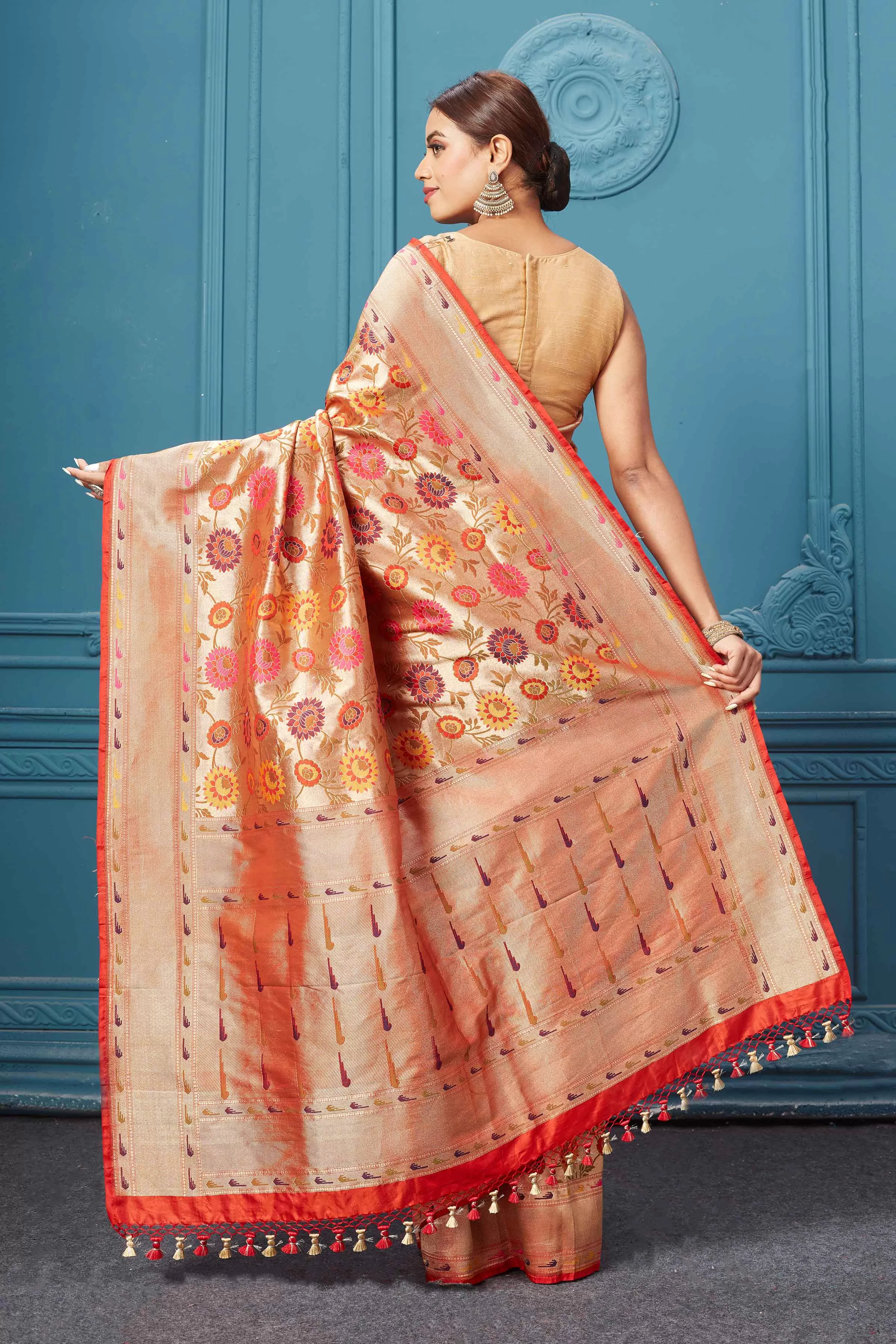 91A127 Golden Katan Silk Paithani Saree with Floral Jaal