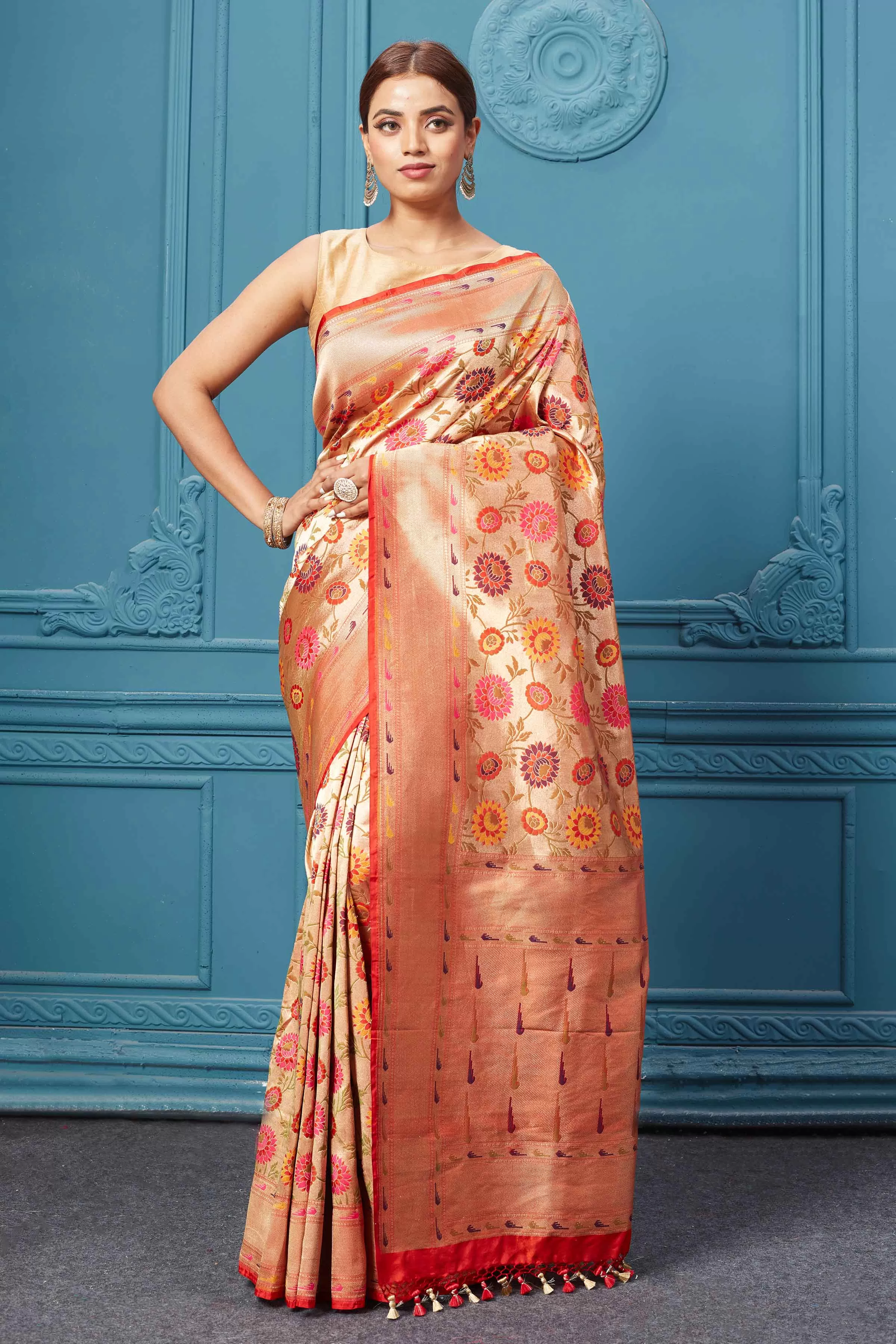 91A127 Golden Katan Silk Paithani Saree with Floral Jaal