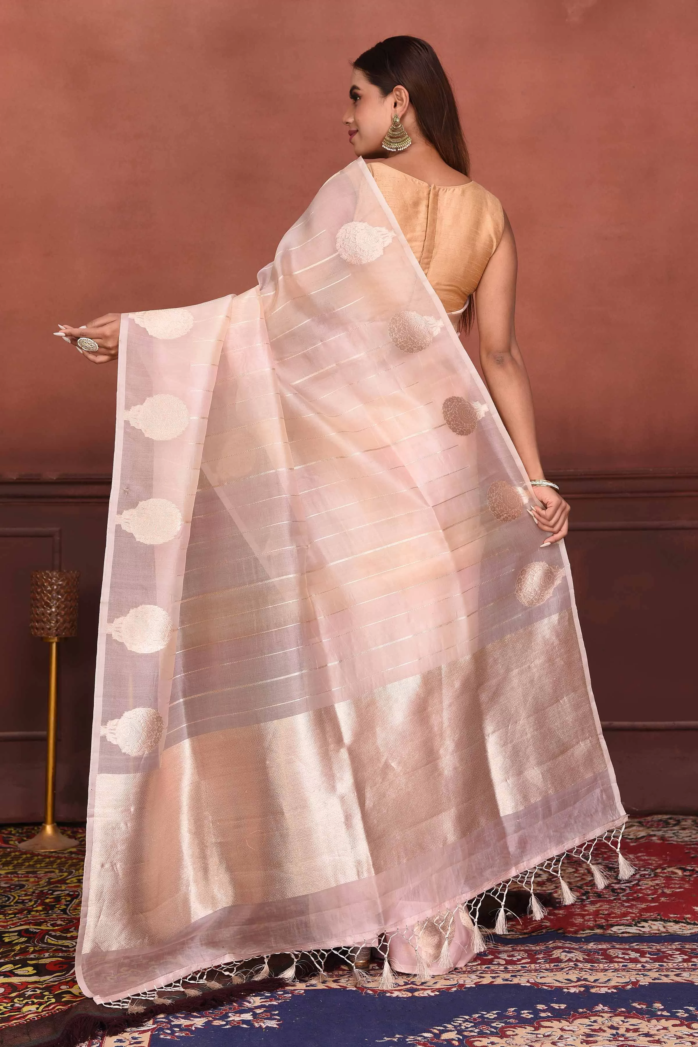 91A139 Powder Pink Zari Stripes Organza Banarasi Sari with Zari Buta