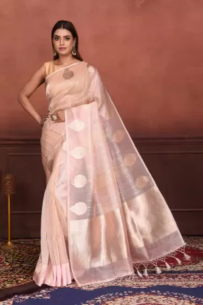 91A139 Powder Pink Zari Stripes Organza Banarasi Sari with Zari Buta