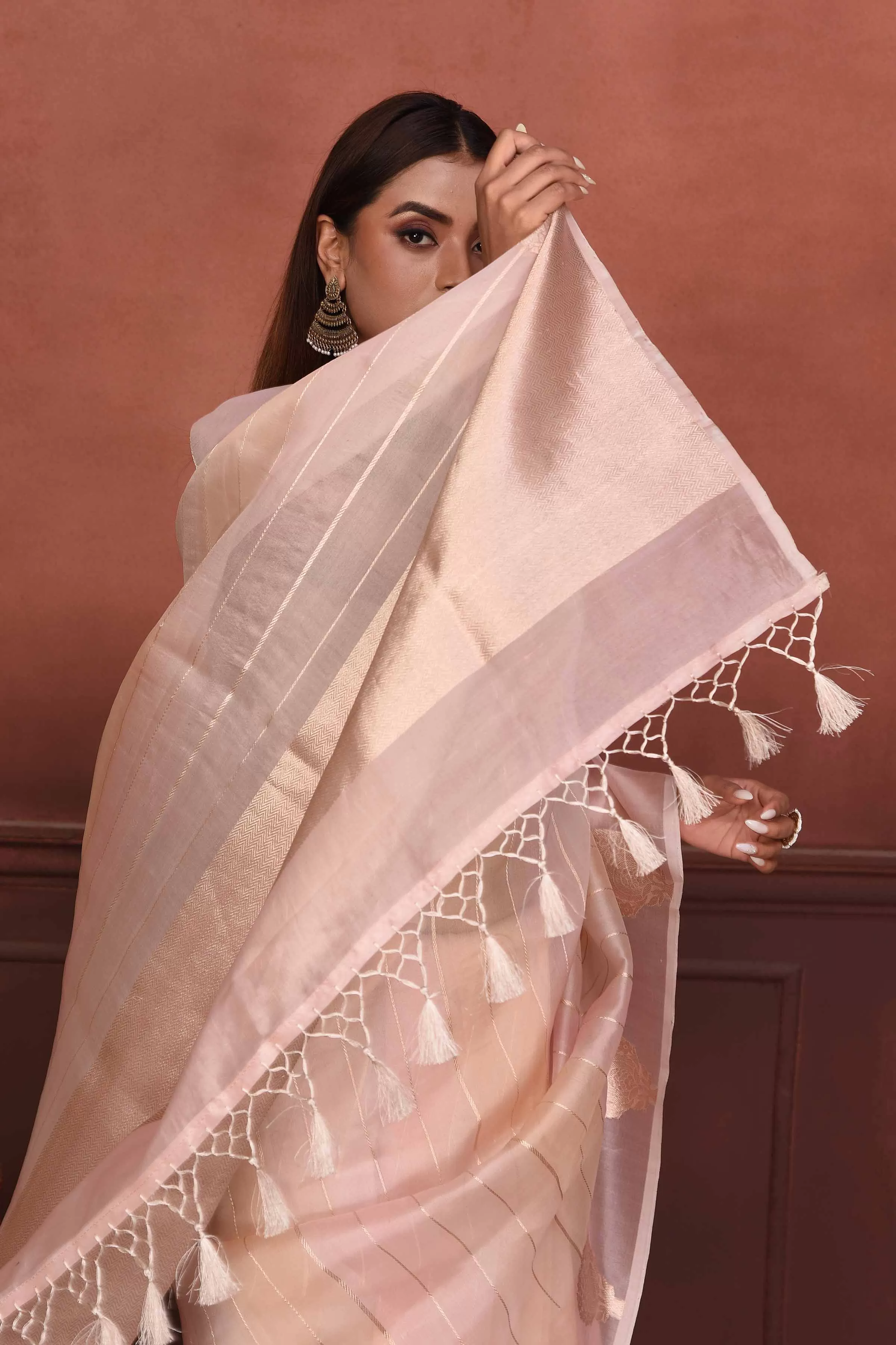 91A139 Powder Pink Zari Stripes Organza Banarasi Sari with Zari Buta