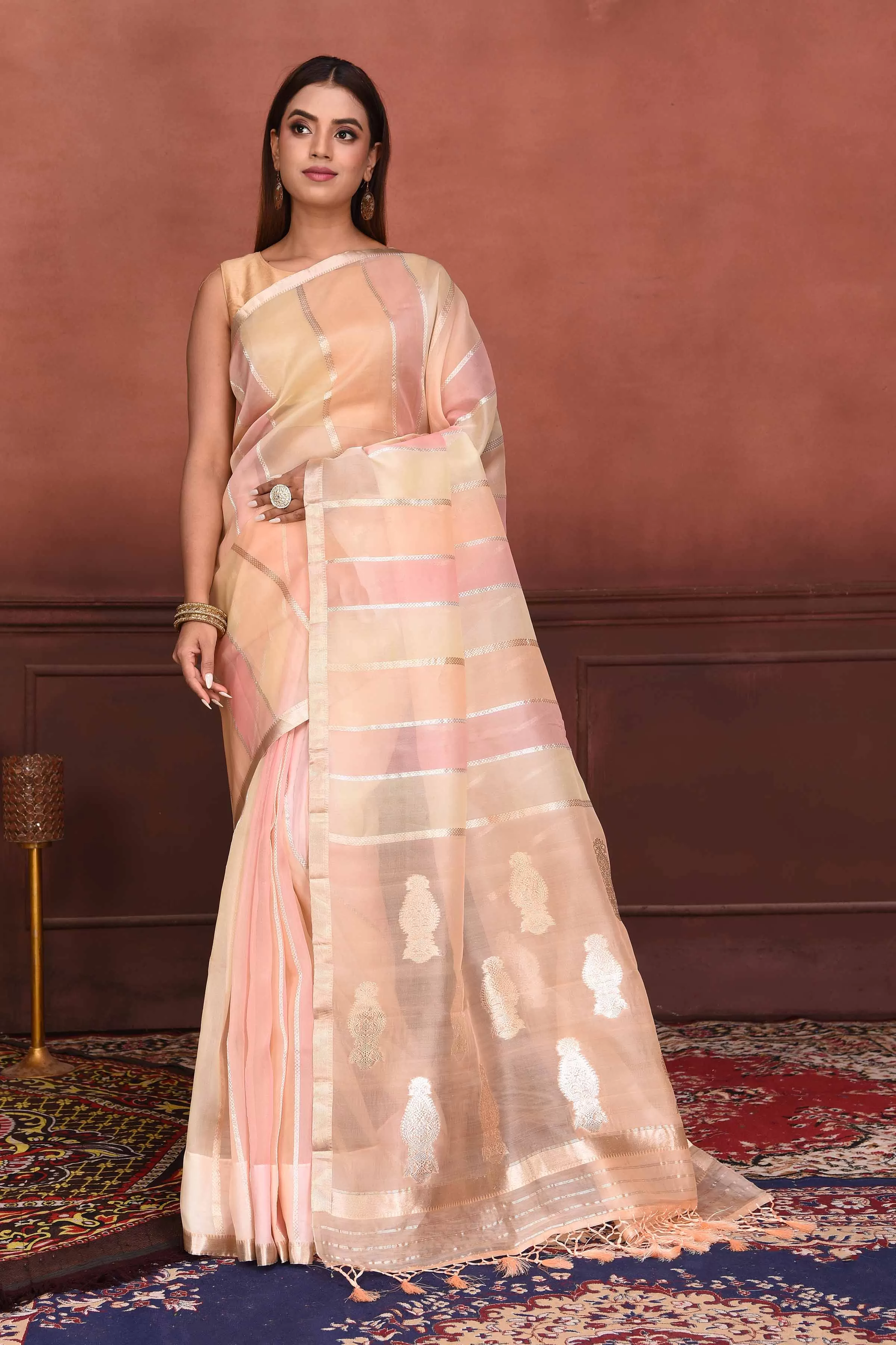 91A140 Pastel Pink Zari Stripes Organza Banarasi Saree with Zari Buta