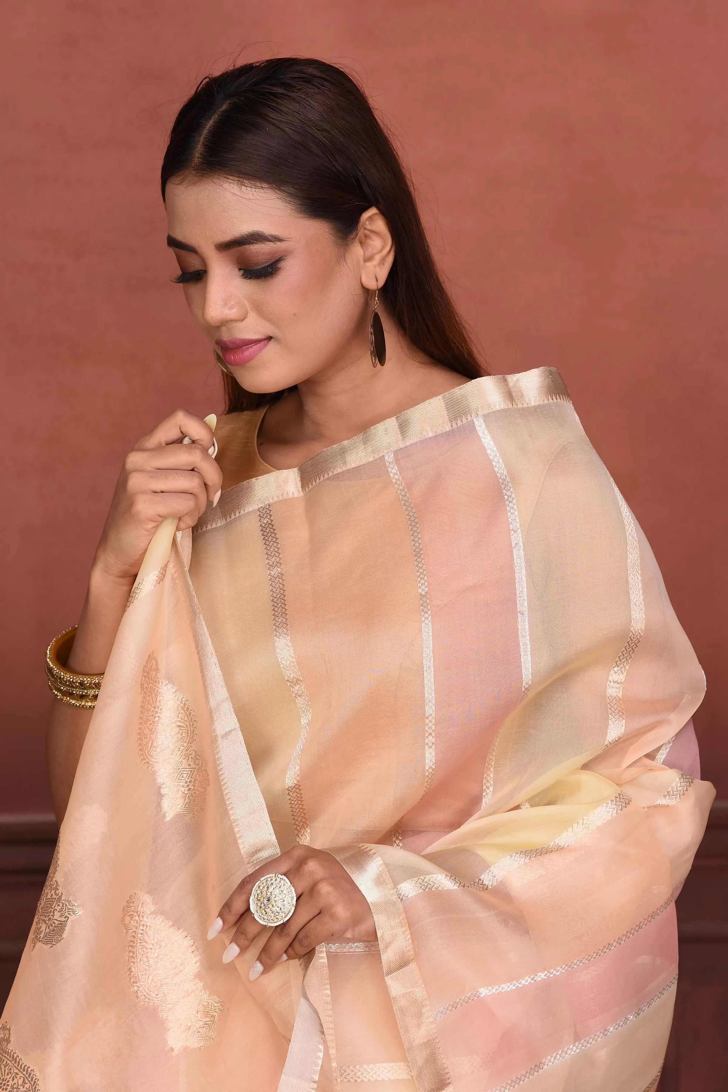 91A140 Pastel Pink Zari Stripes Organza Banarasi Saree with Zari Buta