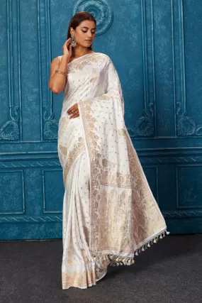 91A220 Off White Banarasi Saree with Zari Buta and Border