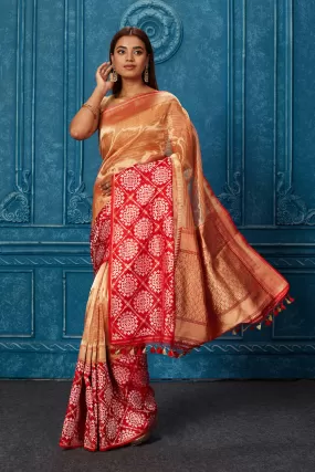 91A232 Golden Banarasi Saree with Red Zari Border