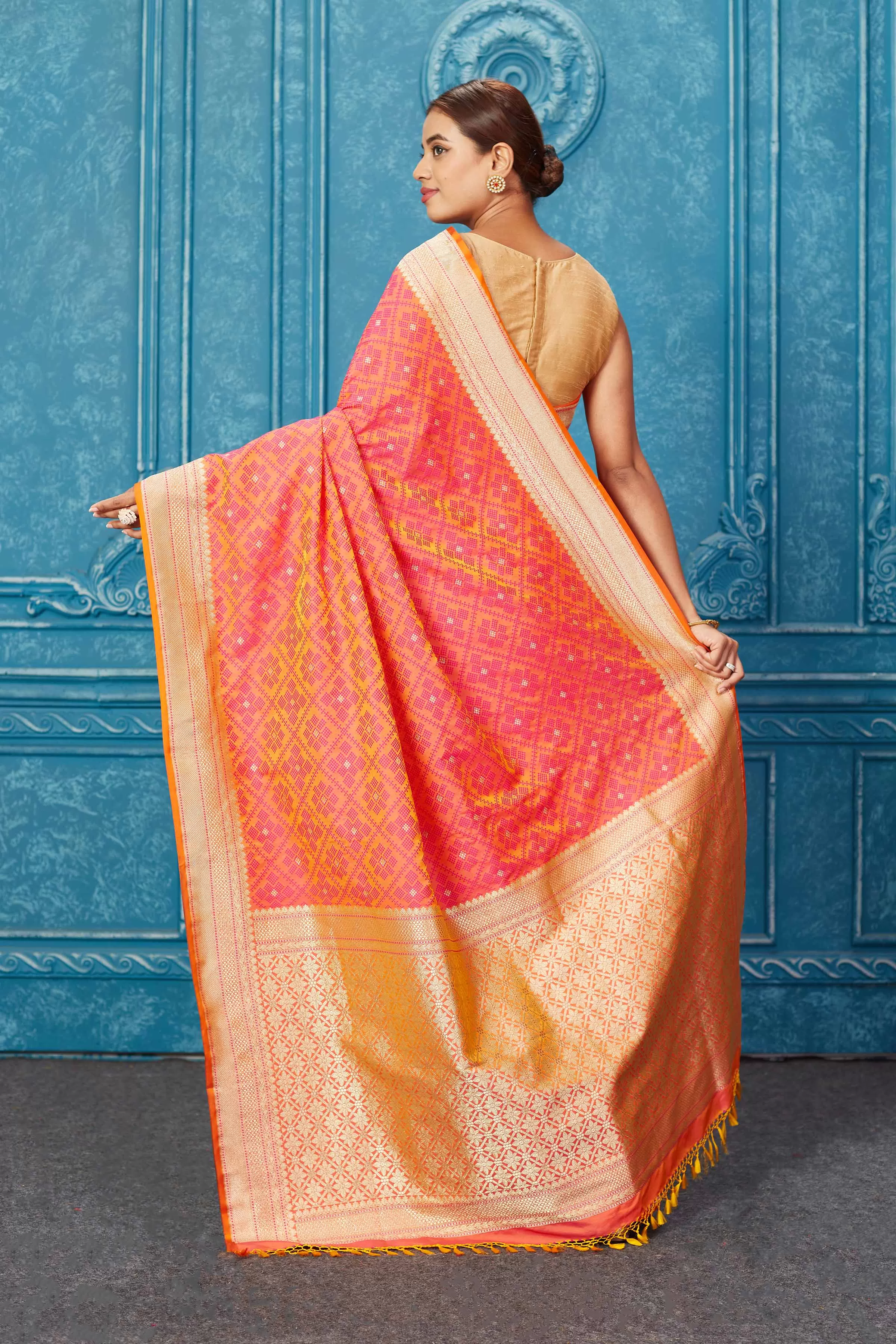 91A249 Pinkish Orange Pink Mashru Banarasi Saree with Zari Border