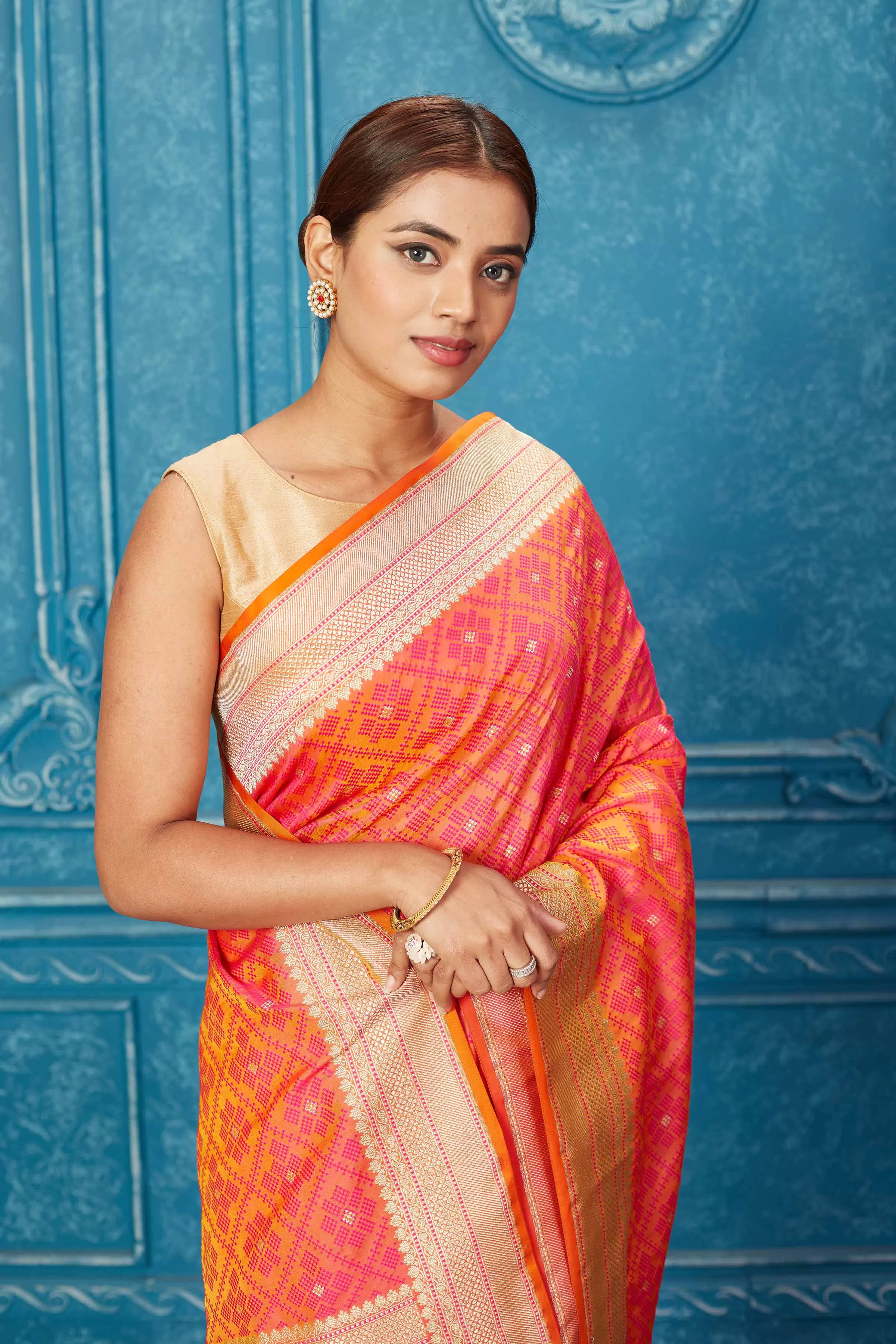 91A249 Pinkish Orange Pink Mashru Banarasi Saree with Zari Border