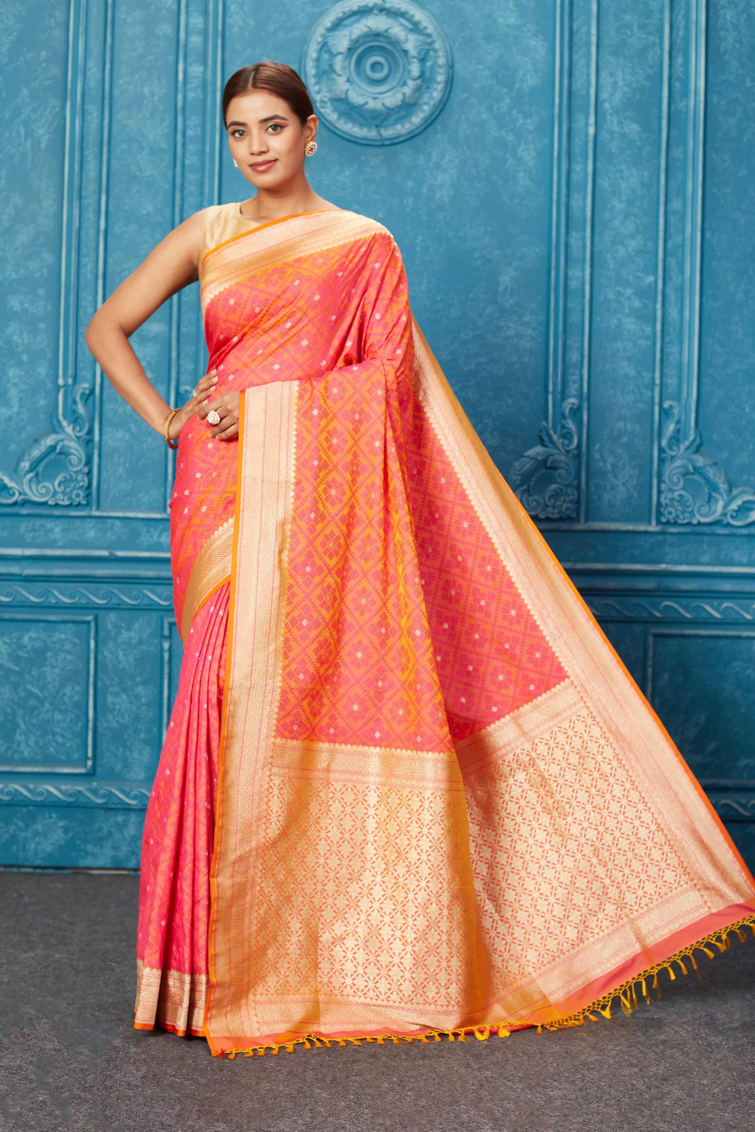 91A249 Pinkish Orange Pink Mashru Banarasi Saree with Zari Border