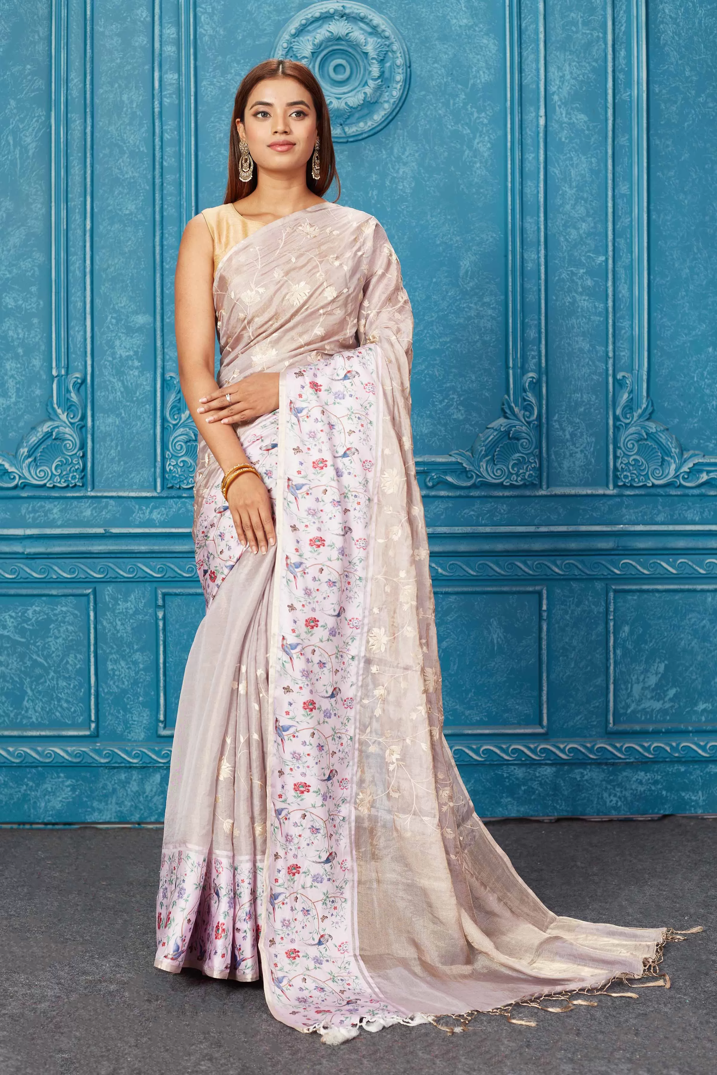 91A274 Beige Organza Tissue Silk Sari with Printed Border