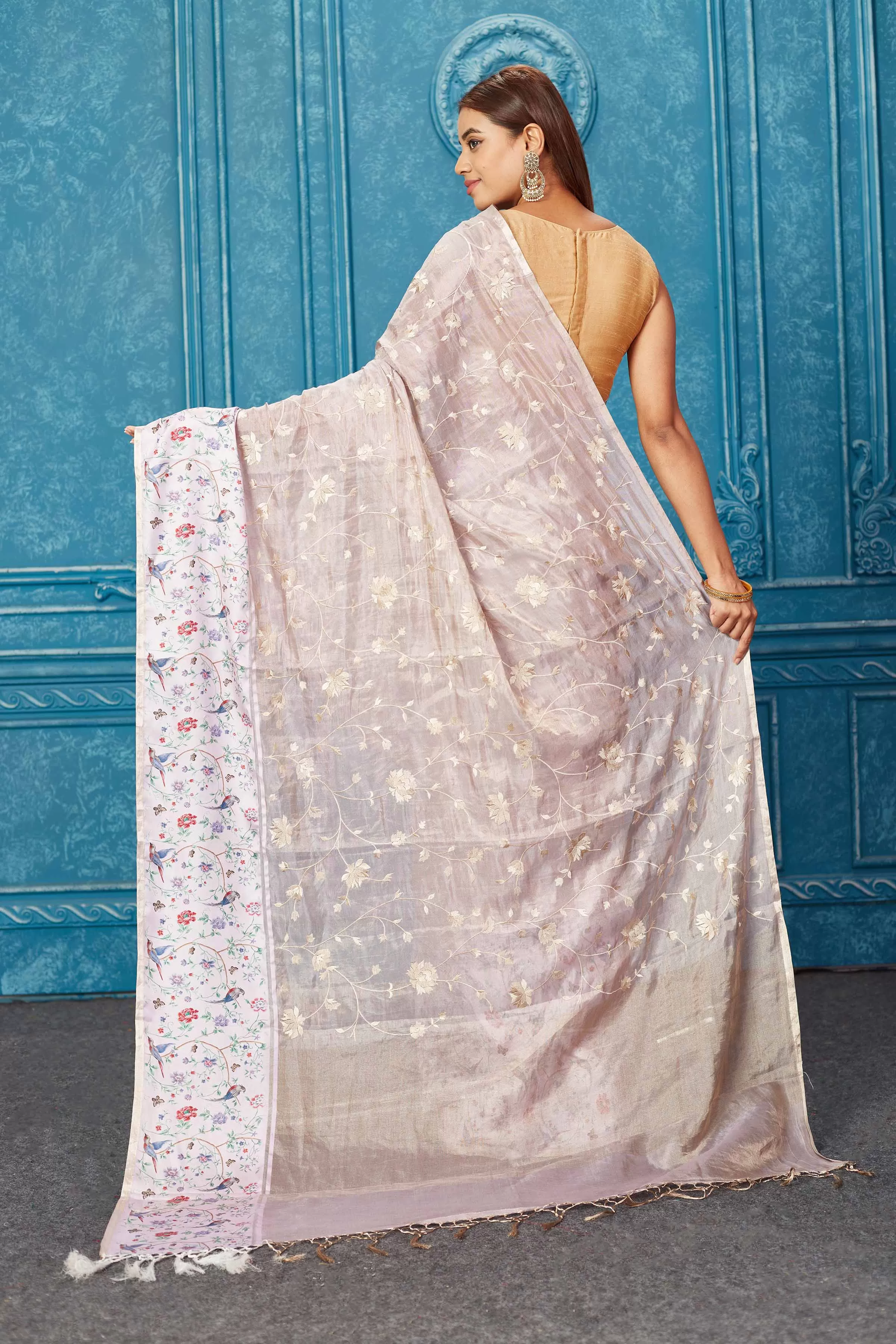 91A274 Beige Organza Tissue Silk Sari with Printed Border