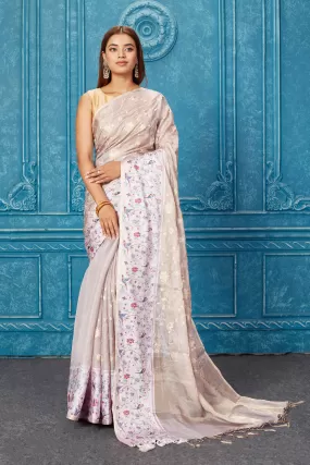 91A274 Beige Organza Tissue Silk Sari with Printed Border