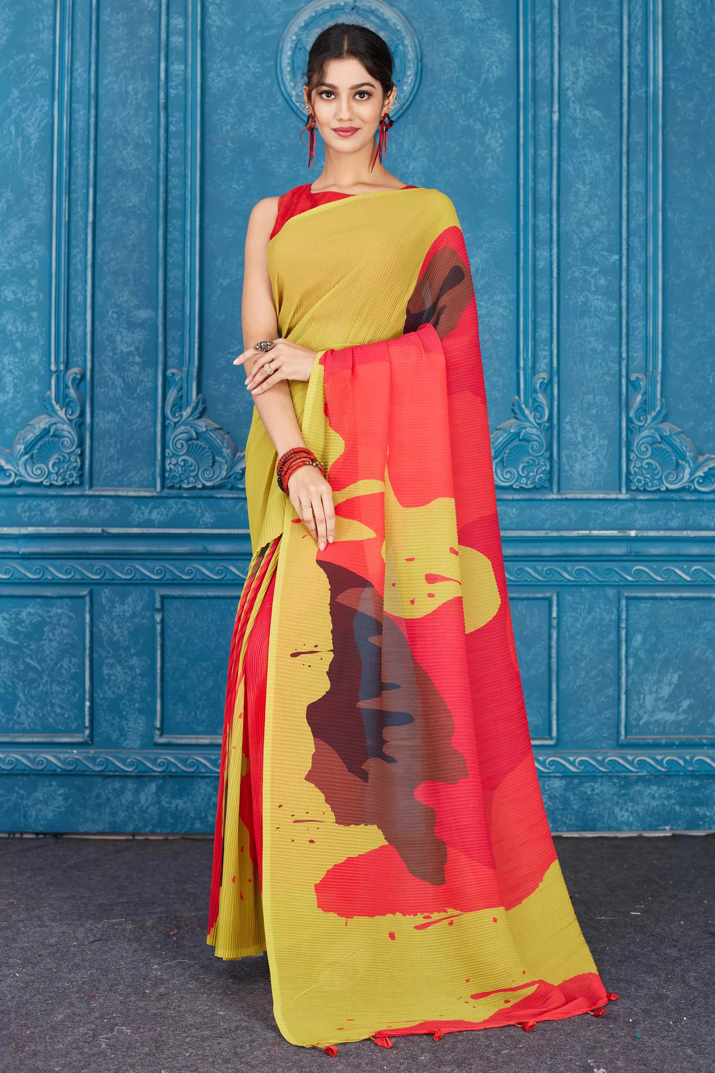 91A303 Olive Green and Red Abstract Print Crushed Georgette Sari