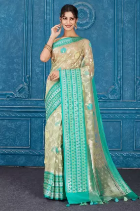 91A308 Beige Kora Banarasi Saree with Green Border