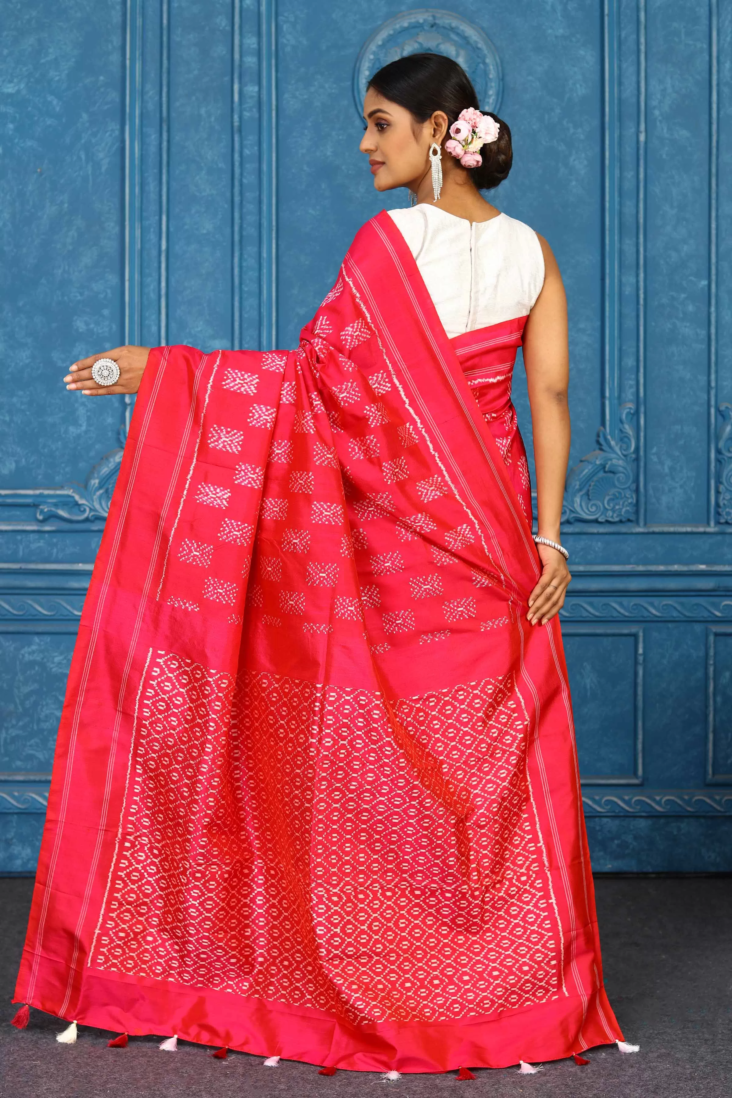 91A443 Red Pochampally Ikkat Silk Saree