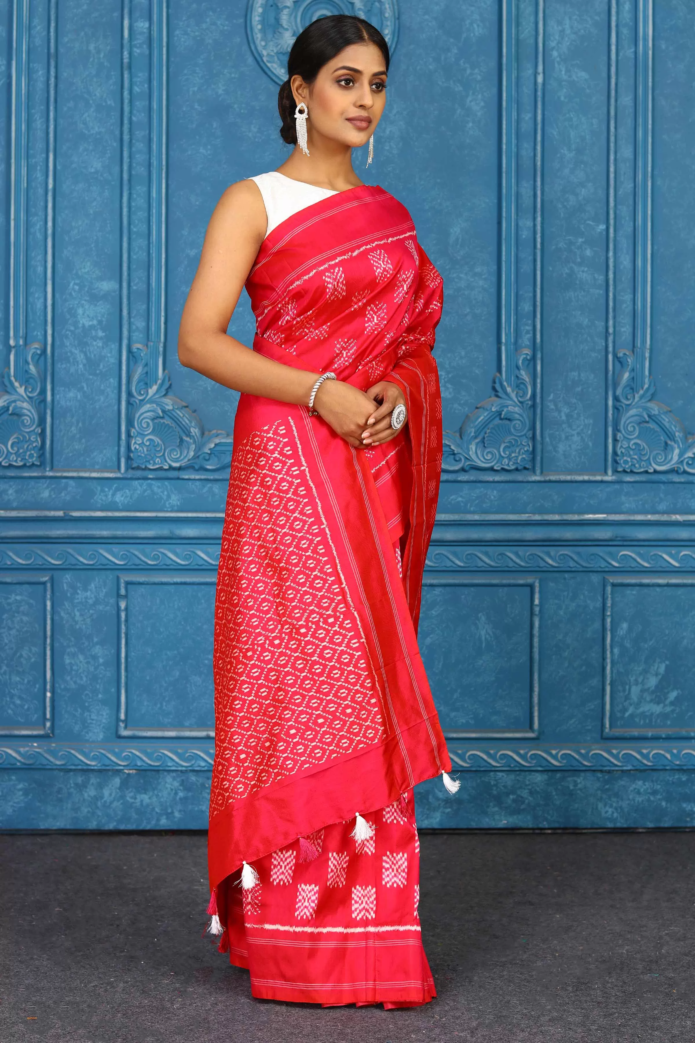 91A443 Red Pochampally Ikkat Silk Saree