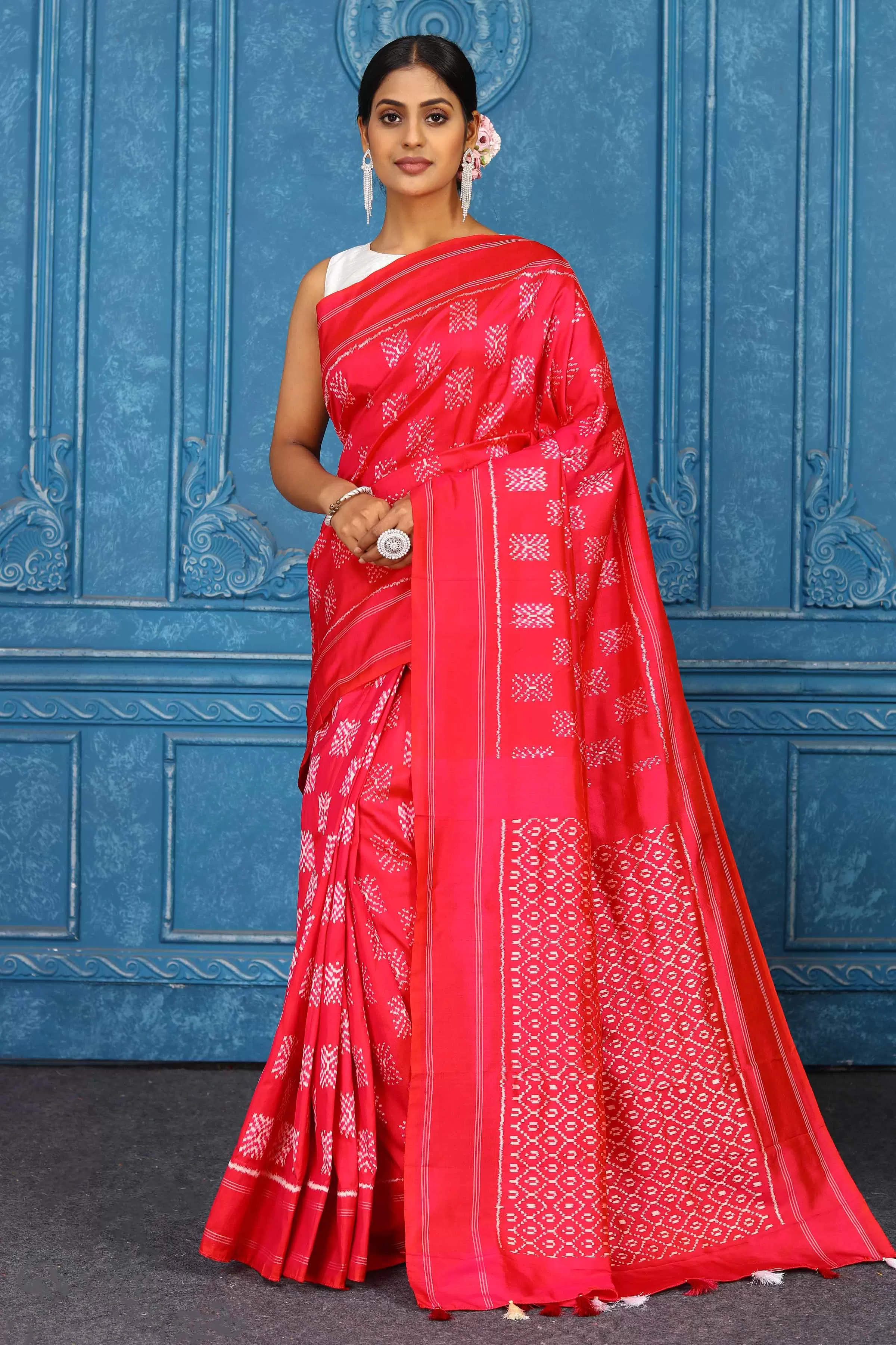 91A443 Red Pochampally Ikkat Silk Saree