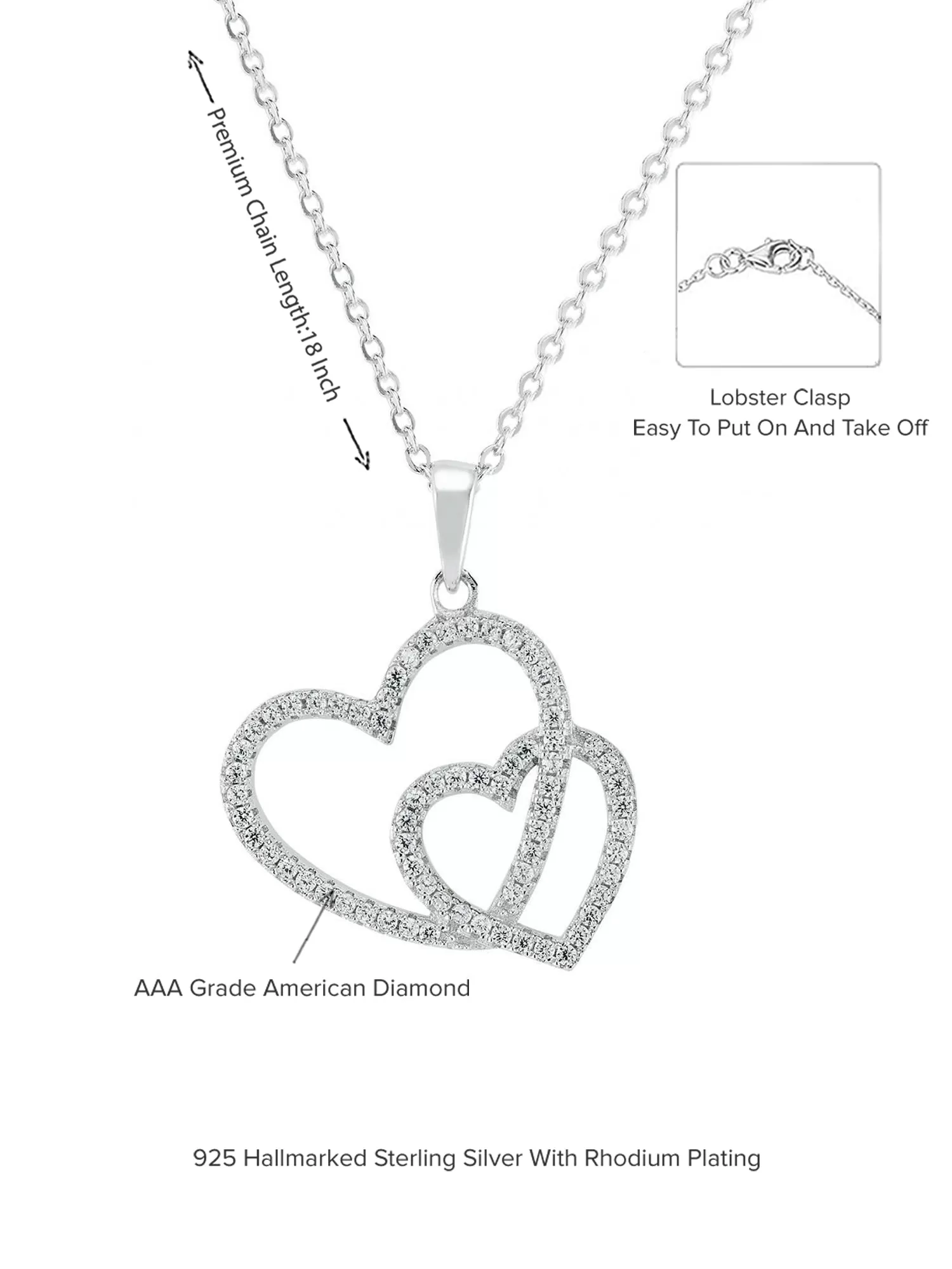 925 Silver Cubic Zirconia Heart And Heart Pendant