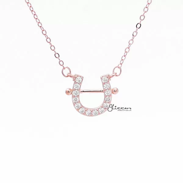 925 Sterling Silver C.Z Paved Horseshoe Necklace - Rose Gold