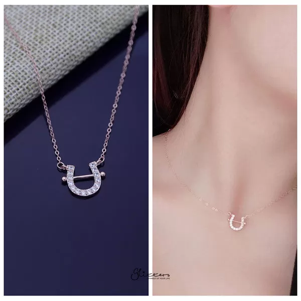 925 Sterling Silver C.Z Paved Horseshoe Necklace - Rose Gold