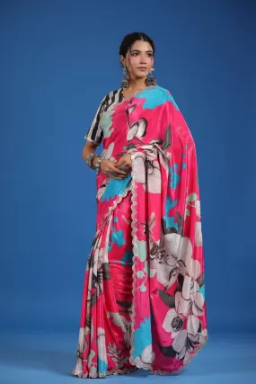 92A061 Pink Floral Crepe Georgette Sari with Scalloped Border