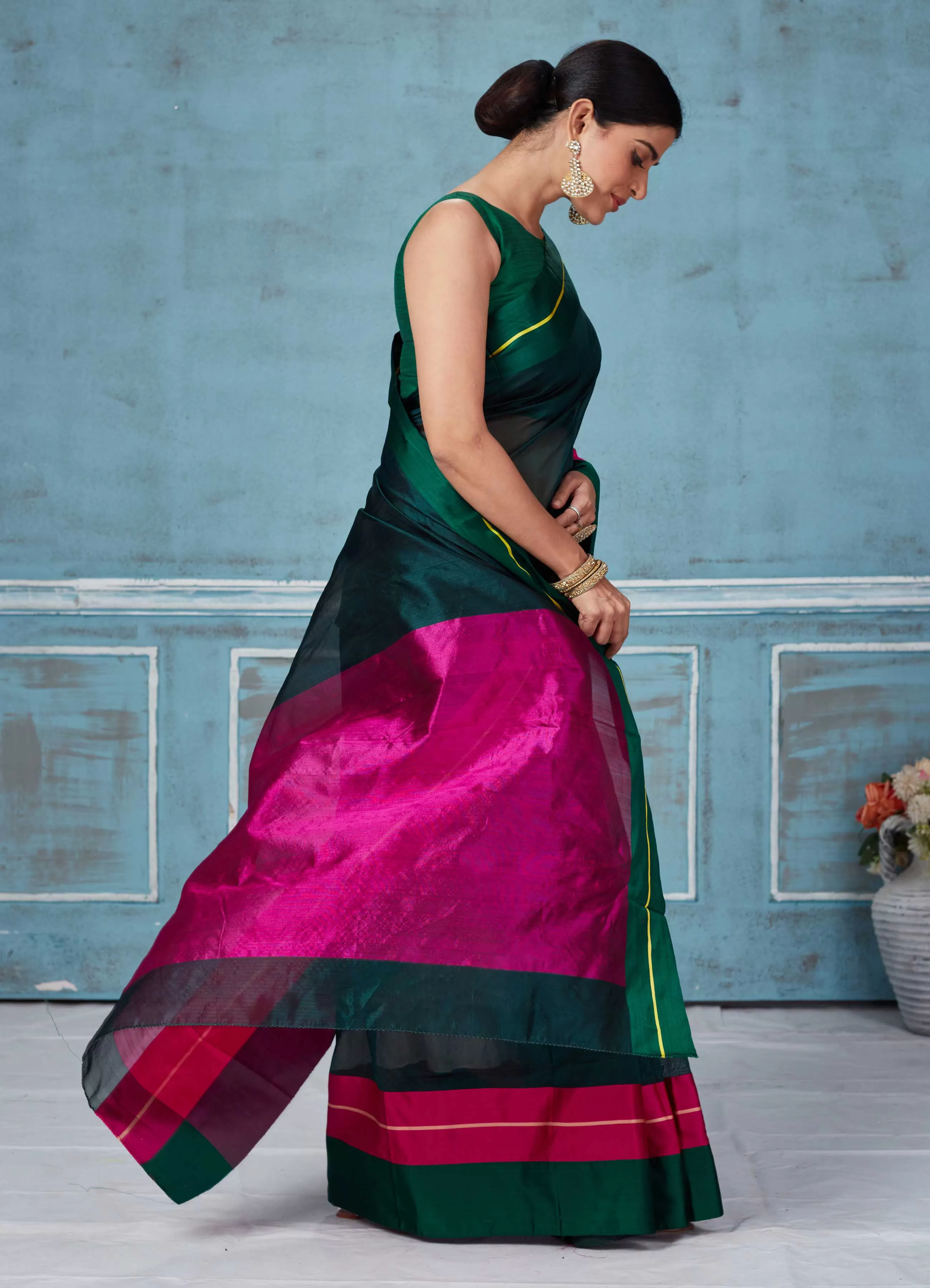 92A153 Dark Green Silk Saree With Pink Mashru Border