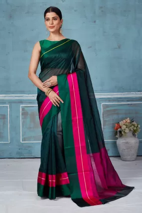 92A153 Dark Green Silk Saree With Pink Mashru Border