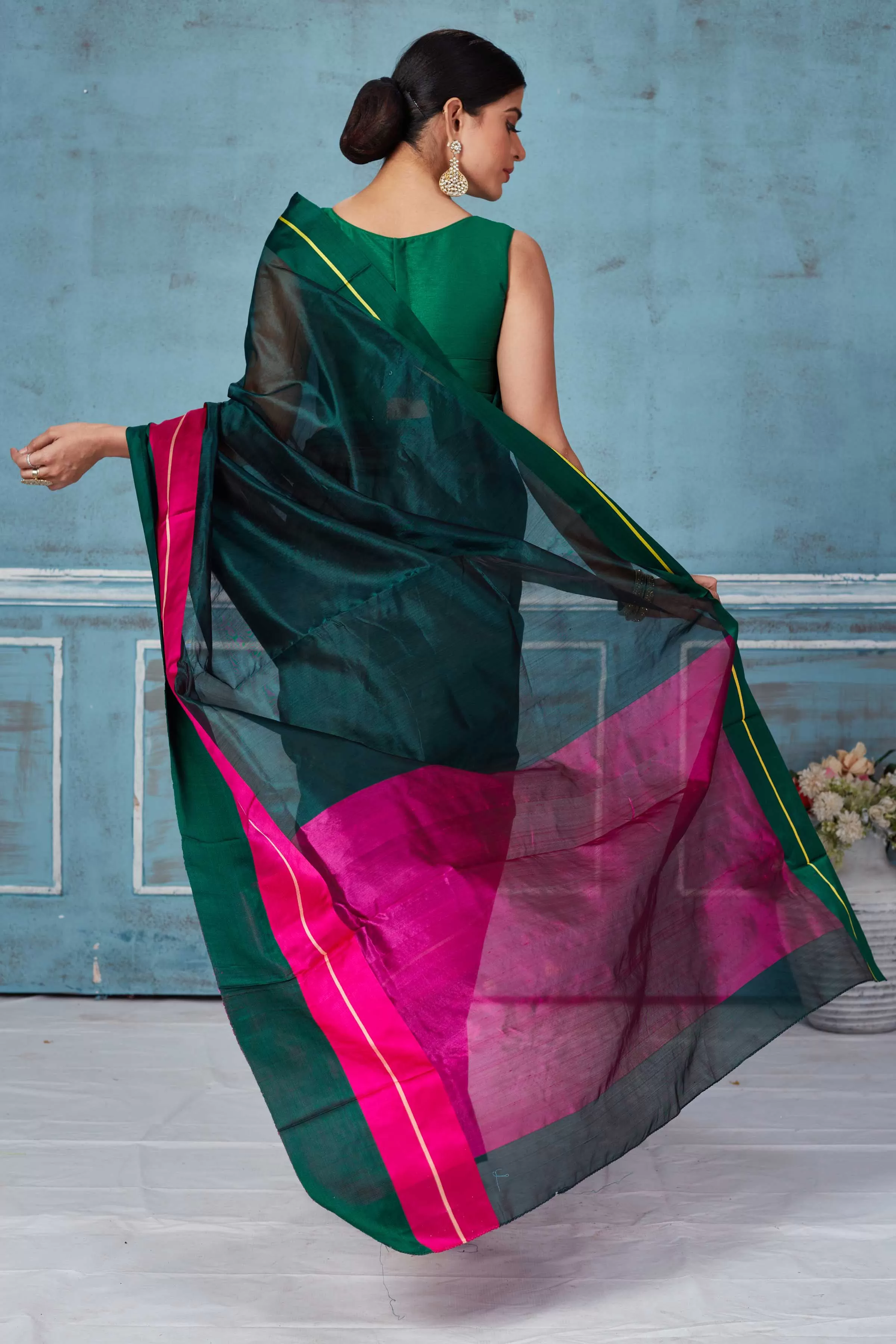 92A153 Dark Green Silk Saree With Pink Mashru Border