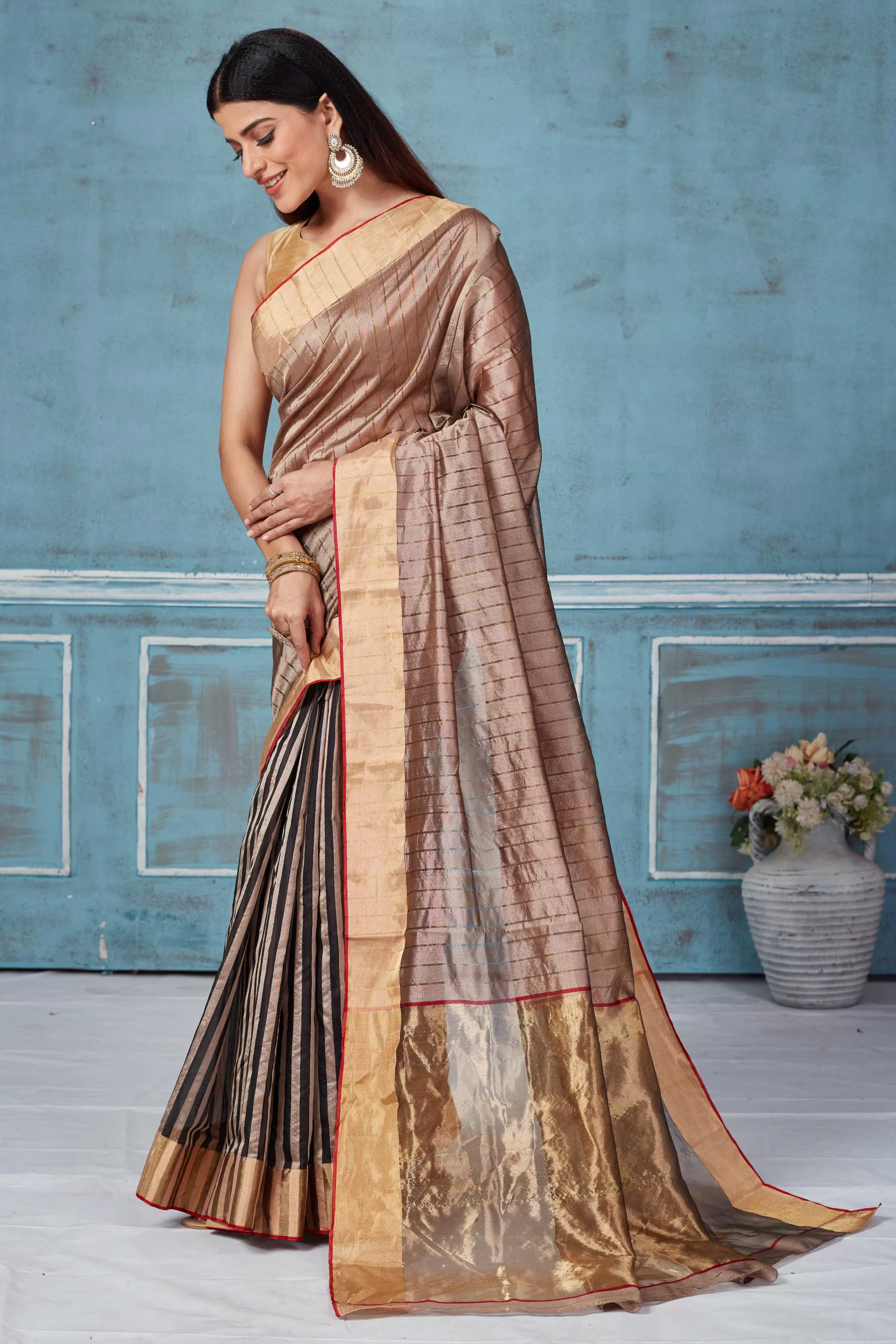 92A157 Beige Striped Pattu Silk Saree With Zari Border