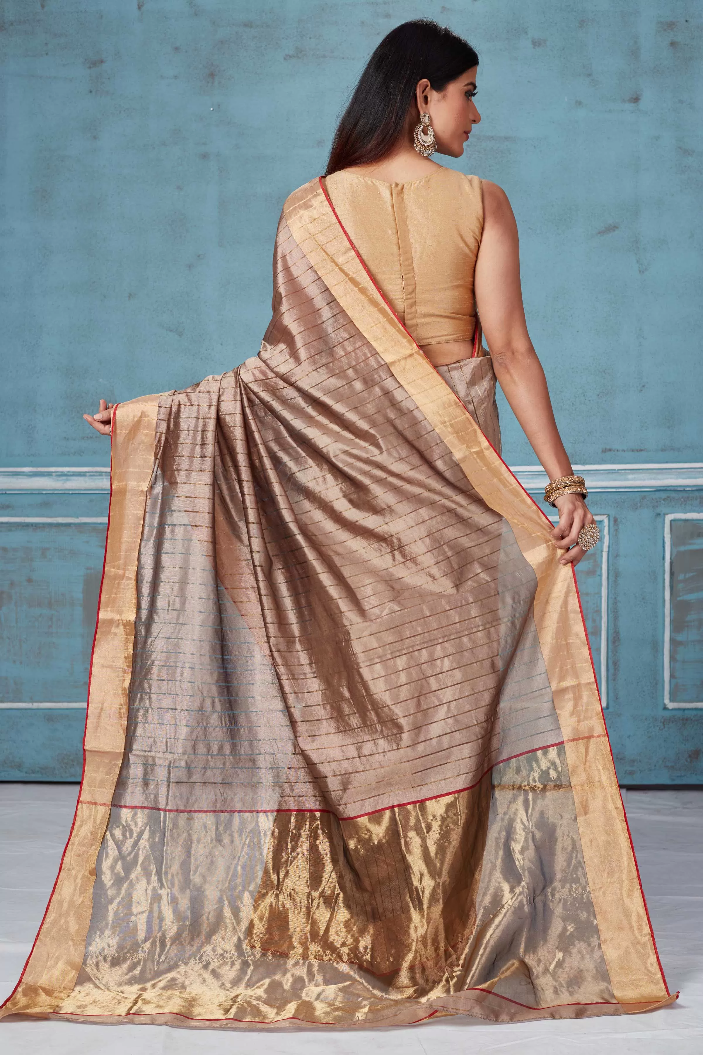 92A157 Beige Striped Pattu Silk Saree With Zari Border