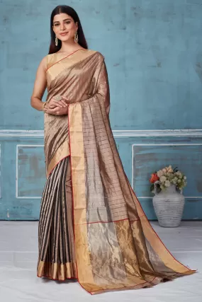 92A157 Beige Striped Pattu Silk Saree With Zari Border