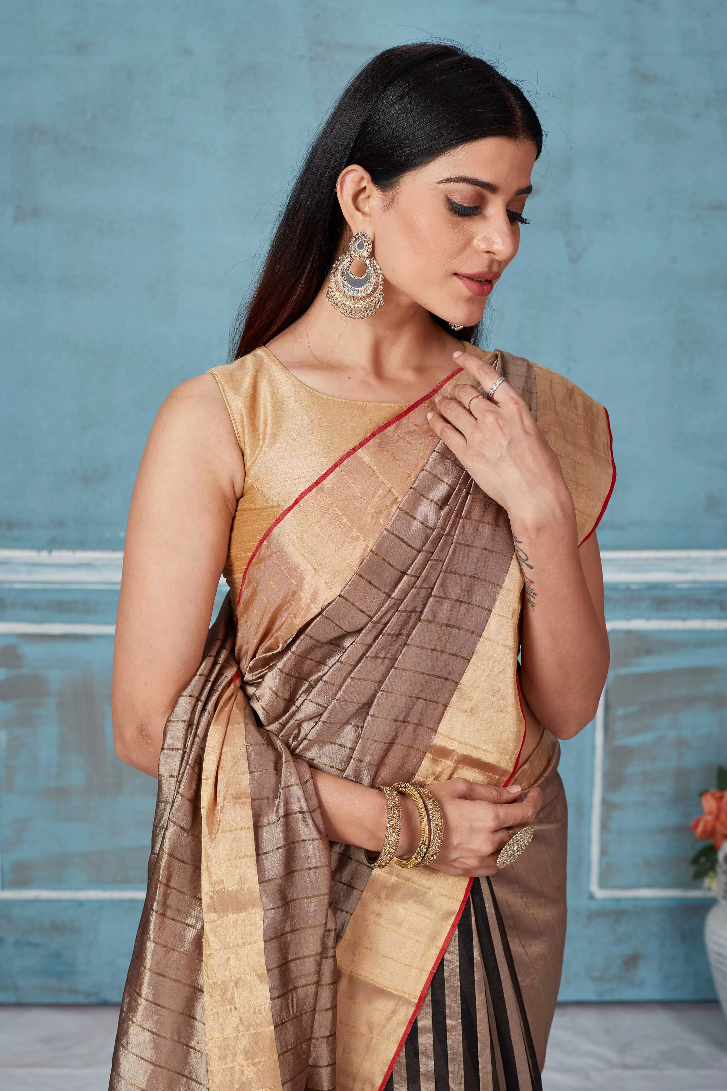 92A157 Beige Striped Pattu Silk Saree With Zari Border