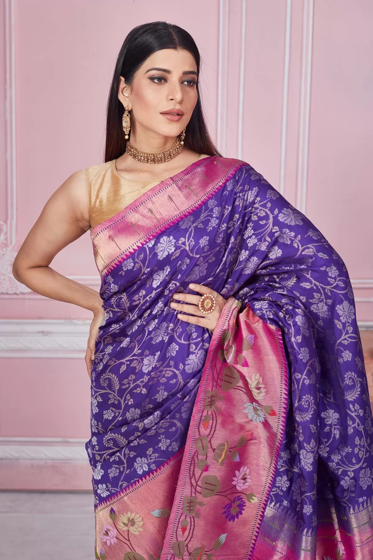 92A189 Purple Banarasi Saree with Pink Minakari Zari Border