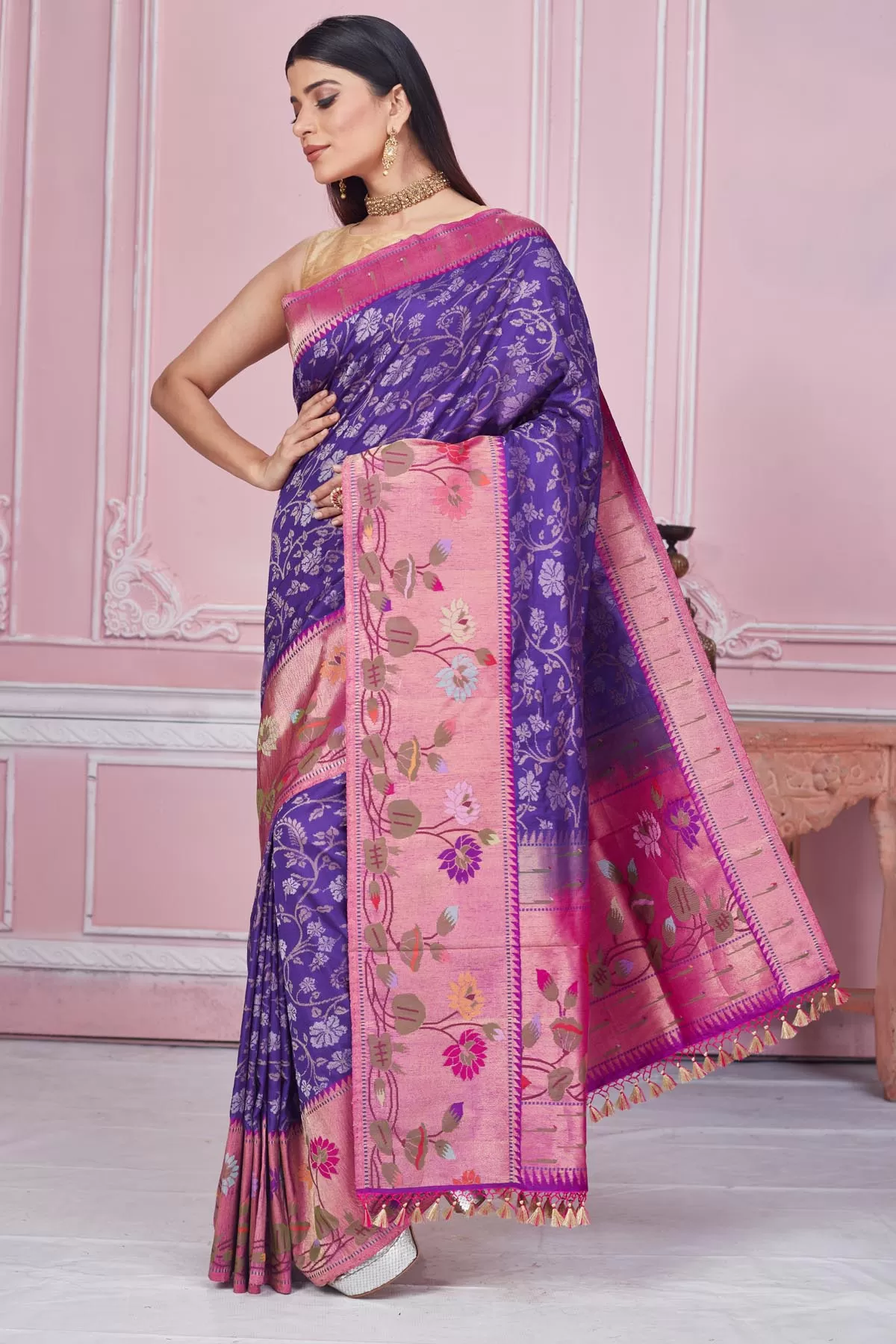 92A189 Purple Banarasi Saree with Pink Minakari Zari Border