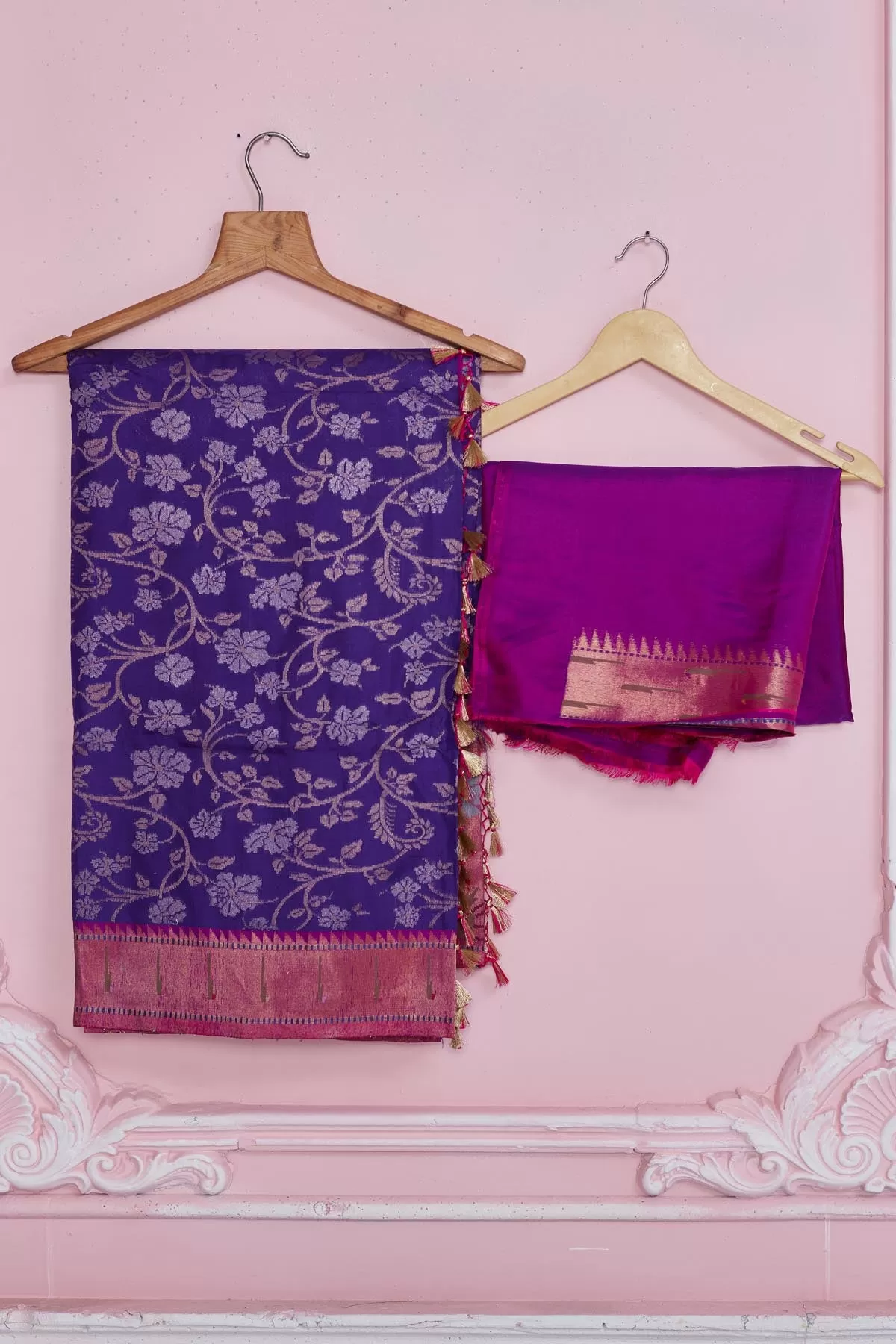 92A189 Purple Banarasi Saree with Pink Minakari Zari Border