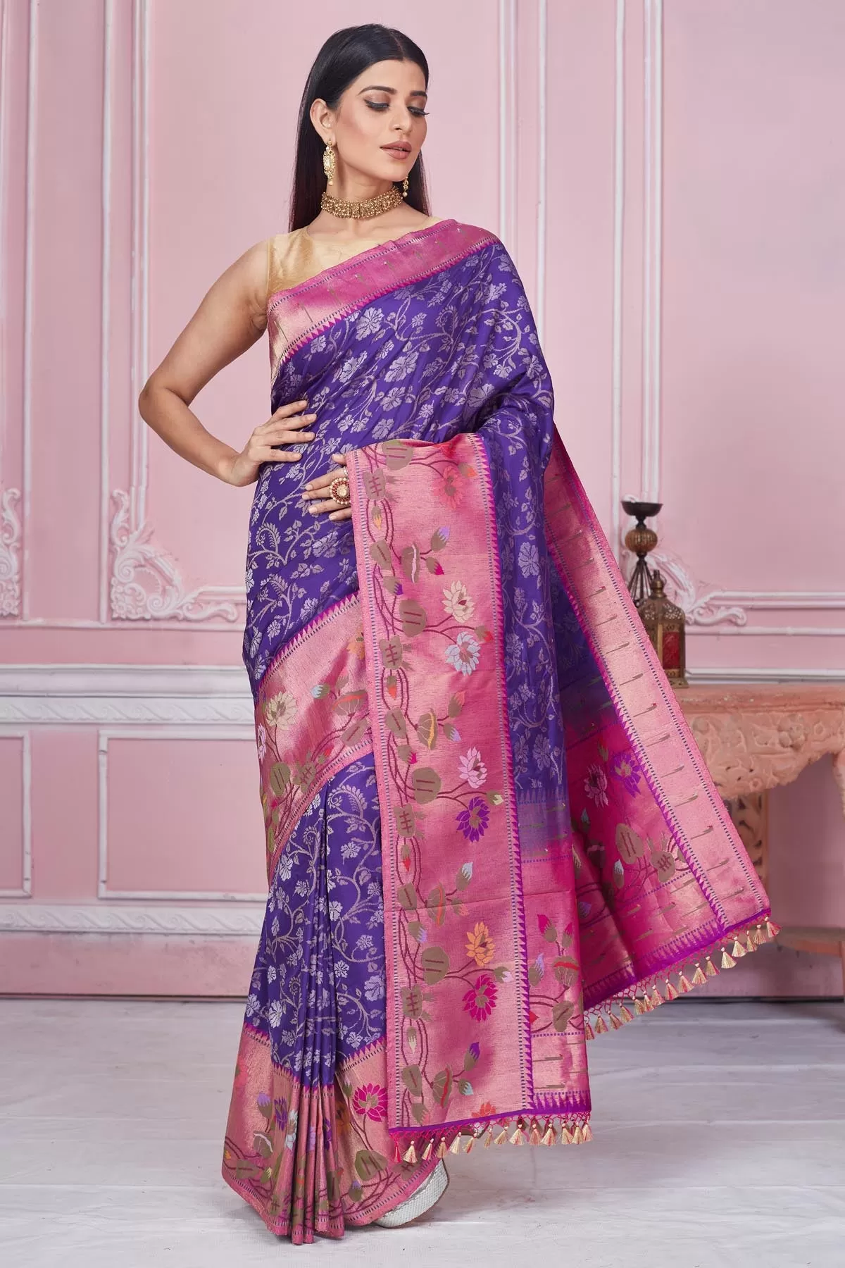 92A189 Purple Banarasi Saree with Pink Minakari Zari Border