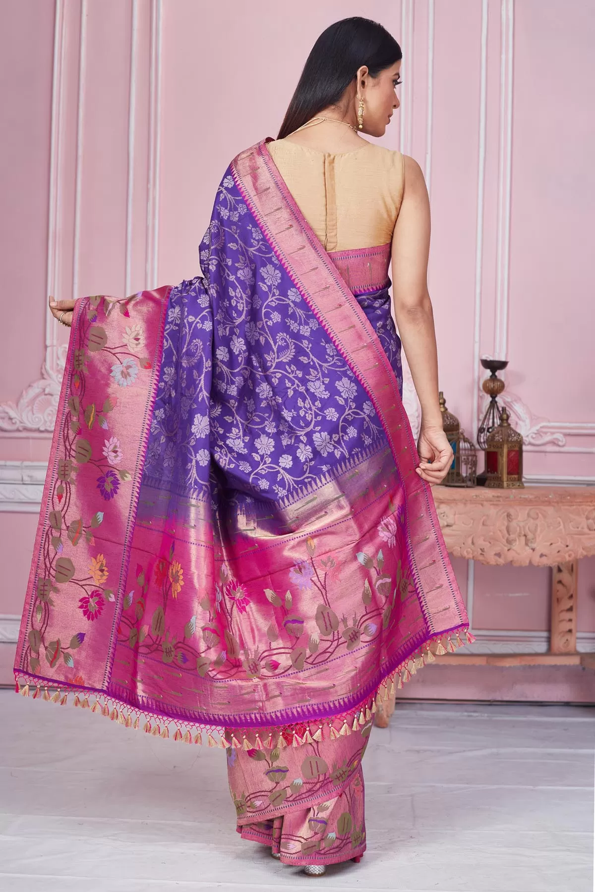 92A189 Purple Banarasi Saree with Pink Minakari Zari Border