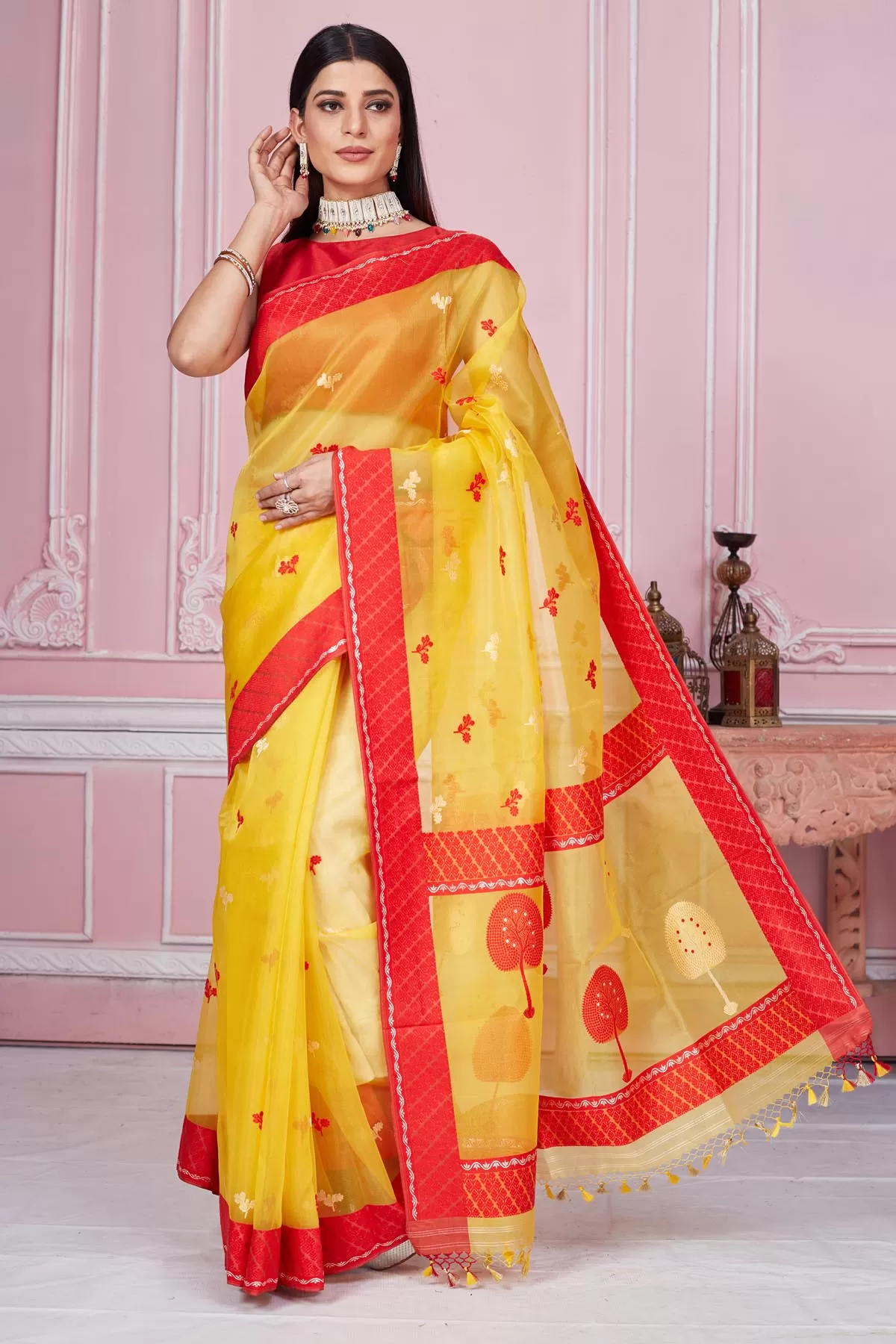 92A206 Yellow Banarasi Saree with Scattered Red Buti