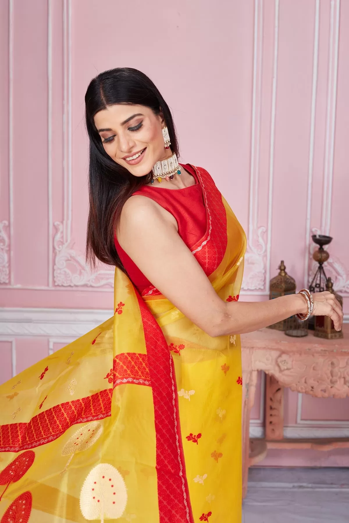 92A206 Yellow Banarasi Saree with Scattered Red Buti