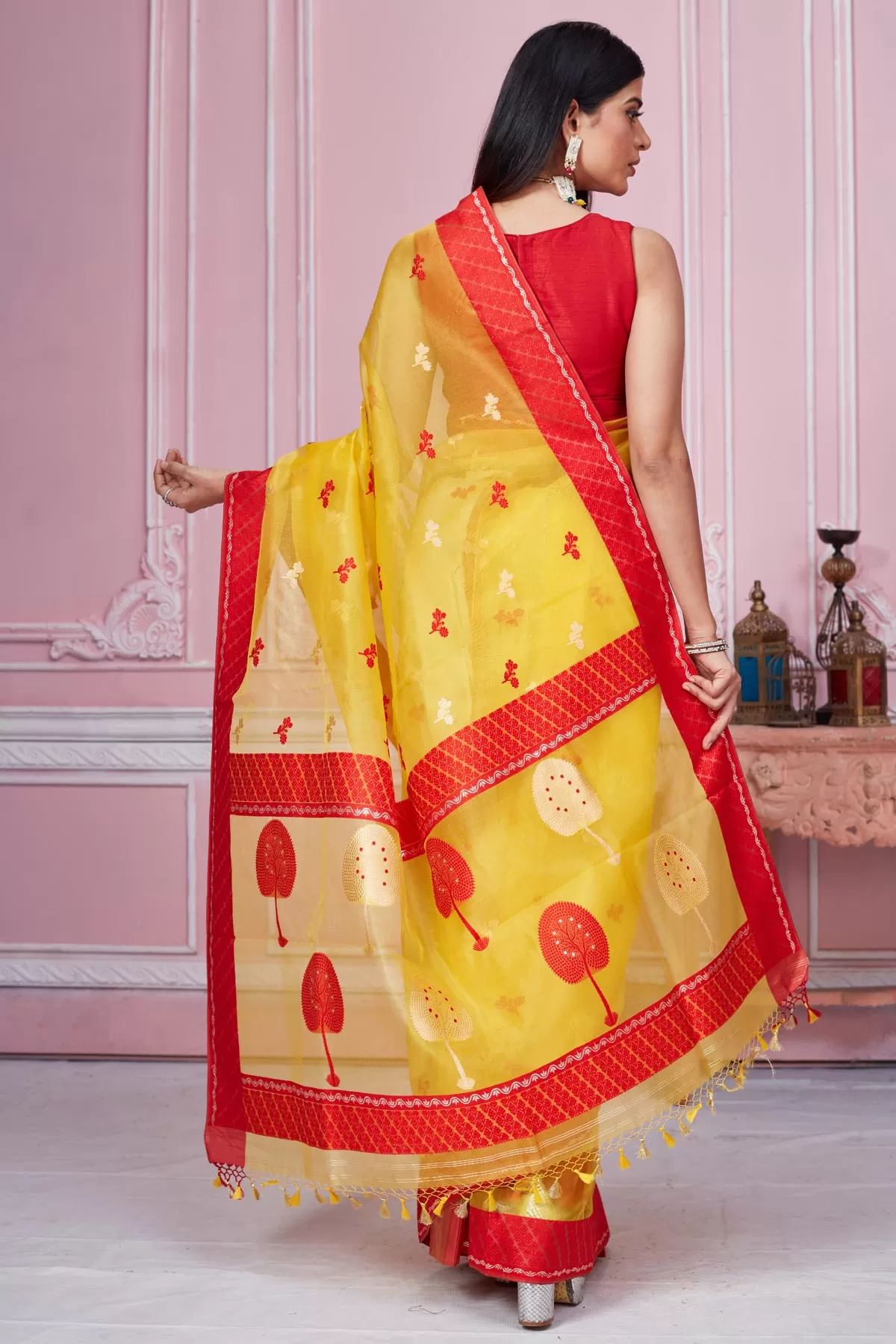 92A206 Yellow Banarasi Saree with Scattered Red Buti