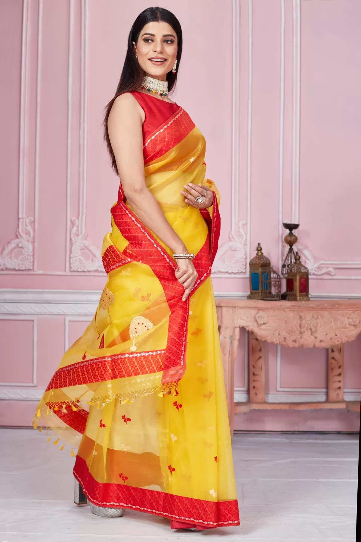 92A206 Yellow Banarasi Saree with Scattered Red Buti