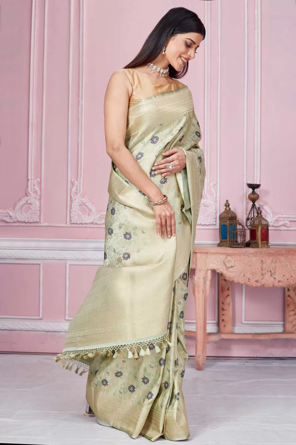 92A209 Pistachio Green Floral Banarasi Saree with Zari Border