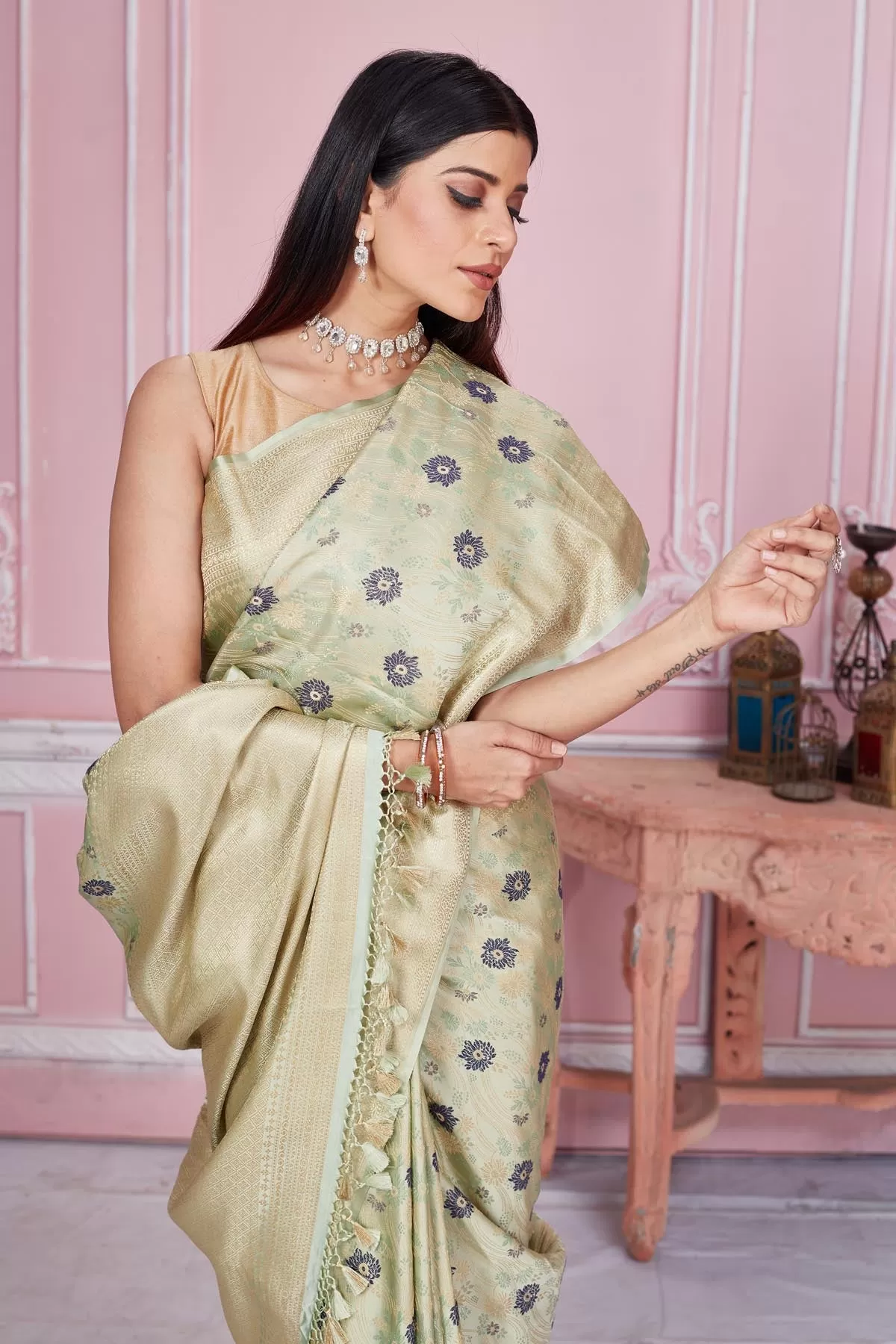 92A209 Pistachio Green Floral Banarasi Saree with Zari Border