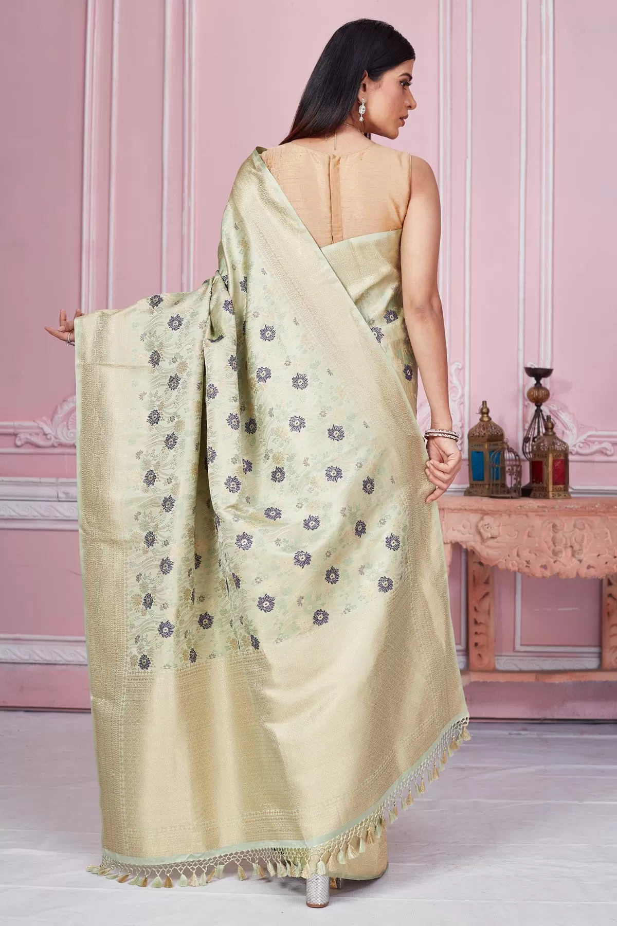 92A209 Pistachio Green Floral Banarasi Saree with Zari Border