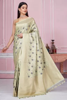 92A209 Pistachio Green Floral Banarasi Saree with Zari Border